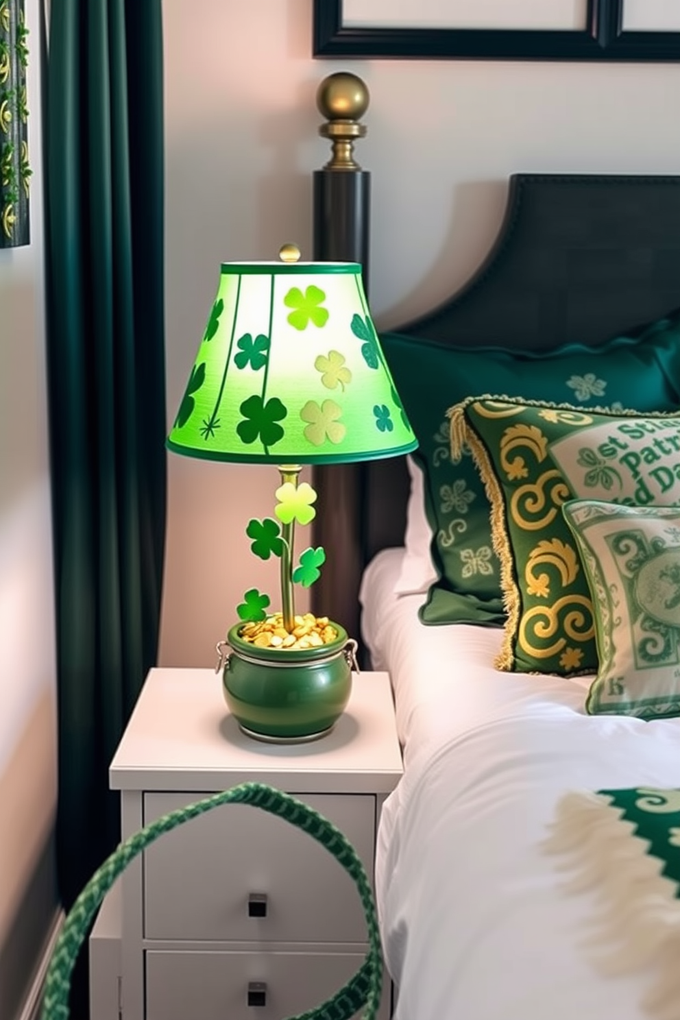 A charming St Patrick's Day themed table lamp sits on a bedside table. The lamp features a green shade adorned with shamrocks and a base resembling a leprechaun's pot of gold. The bedroom is decorated with festive touches celebrating St Patrick's Day. Green and gold accents are scattered throughout, including pillows with Celtic patterns and a cozy throw blanket draped over the bed.