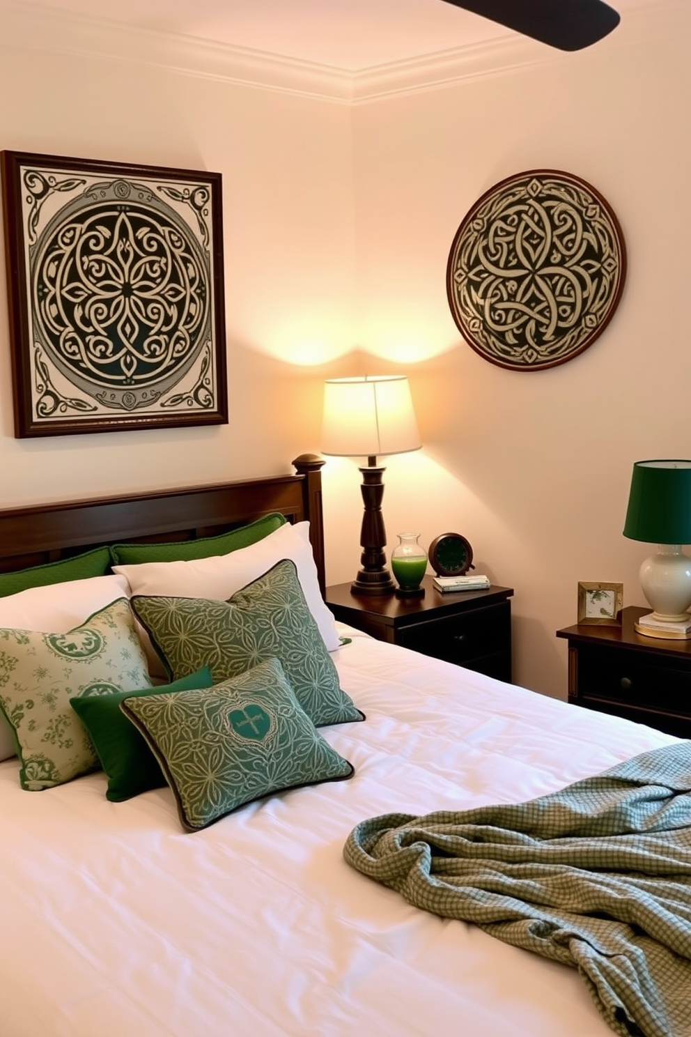 A serene bedroom featuring Celtic art prints adorning the walls. The decor is infused with subtle St. Patrick's Day elements, including green accents and festive textiles.