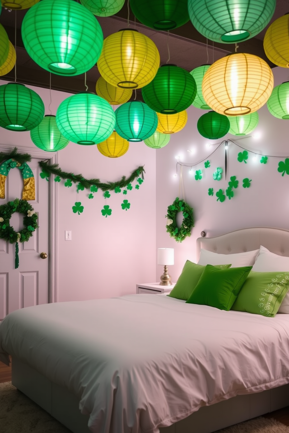 A cozy bedroom adorned with hanging paper lanterns in various shades of green. The space features a plush bed with crisp white linens, complemented by decorative pillows in vibrant green hues. St. Patrick's Day decorations include shamrock garlands draped along the walls and a festive wreath on the door. Soft ambient lighting from the lanterns creates a warm and inviting atmosphere, perfect for celebrating the holiday.
