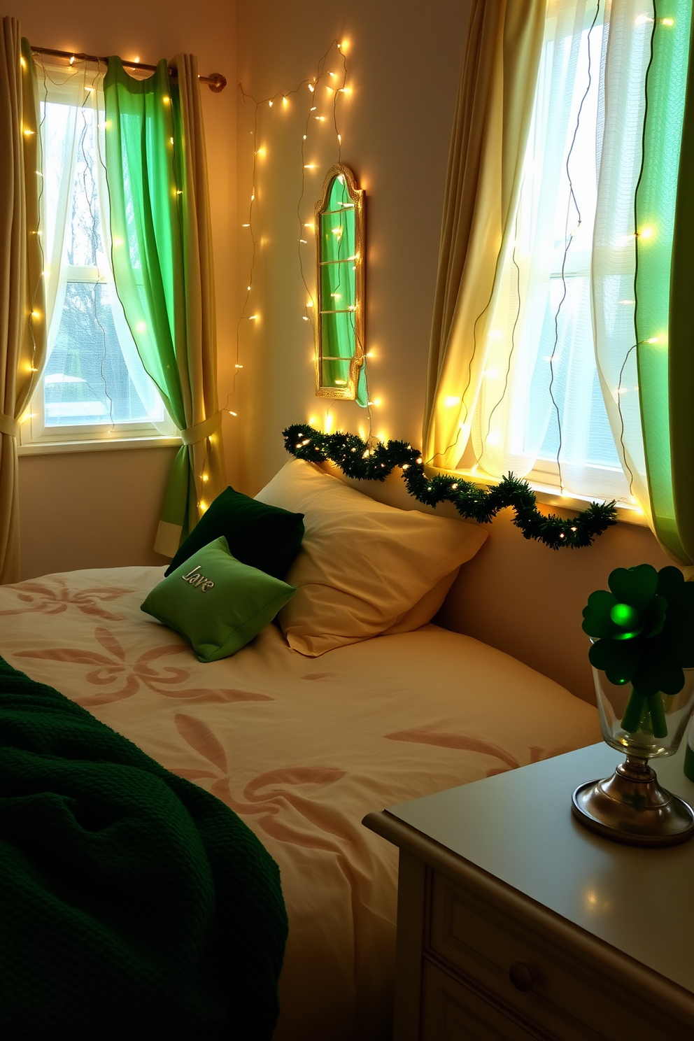 A cozy bedroom adorned with glistening fairy lights delicately wrapped around the windows. The warm glow creates a magical atmosphere, enhancing the soft textures of the bedding and decor. For St. Patrick's Day, the room features subtle green accents, such as throw pillows and a festive garland. A charming shamrock centerpiece sits on the bedside table, inviting a touch of holiday cheer.