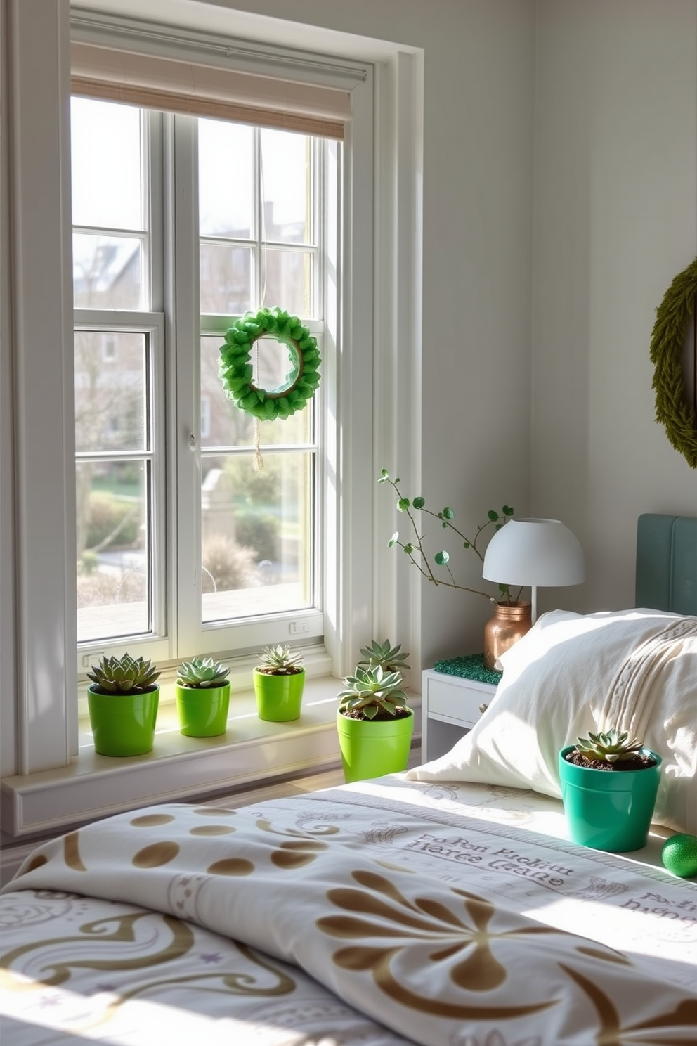 A serene bedroom filled with natural light. There are several succulent plants in vibrant green pots placed on the windowsill and bedside tables. The room is adorned with subtle St. Patrick's Day decorations. Delicate green and gold accents enhance the cozy atmosphere, creating a festive yet elegant space.