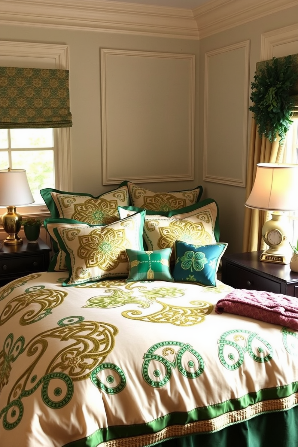 Create a cozy bedroom featuring bedding adorned with intricate Celtic knot designs in rich greens and golds. The room is decorated for St. Patrick's Day, with accents like shamrock-themed pillows and soft, ambient lighting.