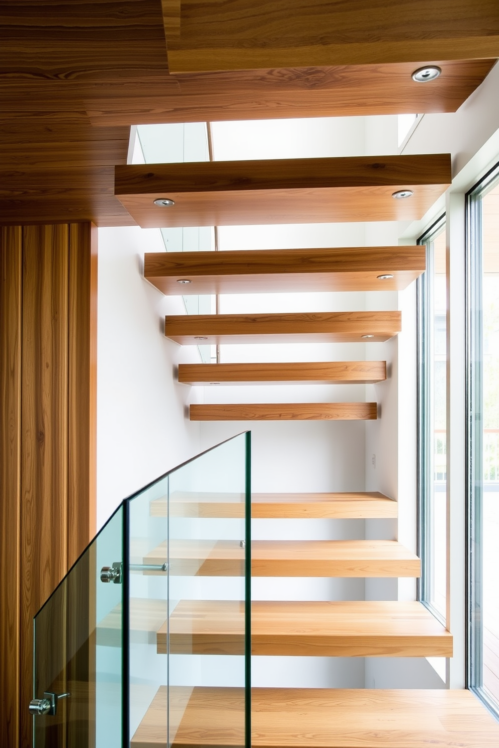 A bespoke staircase featuring floating wood treads that create a seamless flow between levels. The glass railing enhances the modern aesthetic while providing safety and transparency, allowing light to filter through the space.