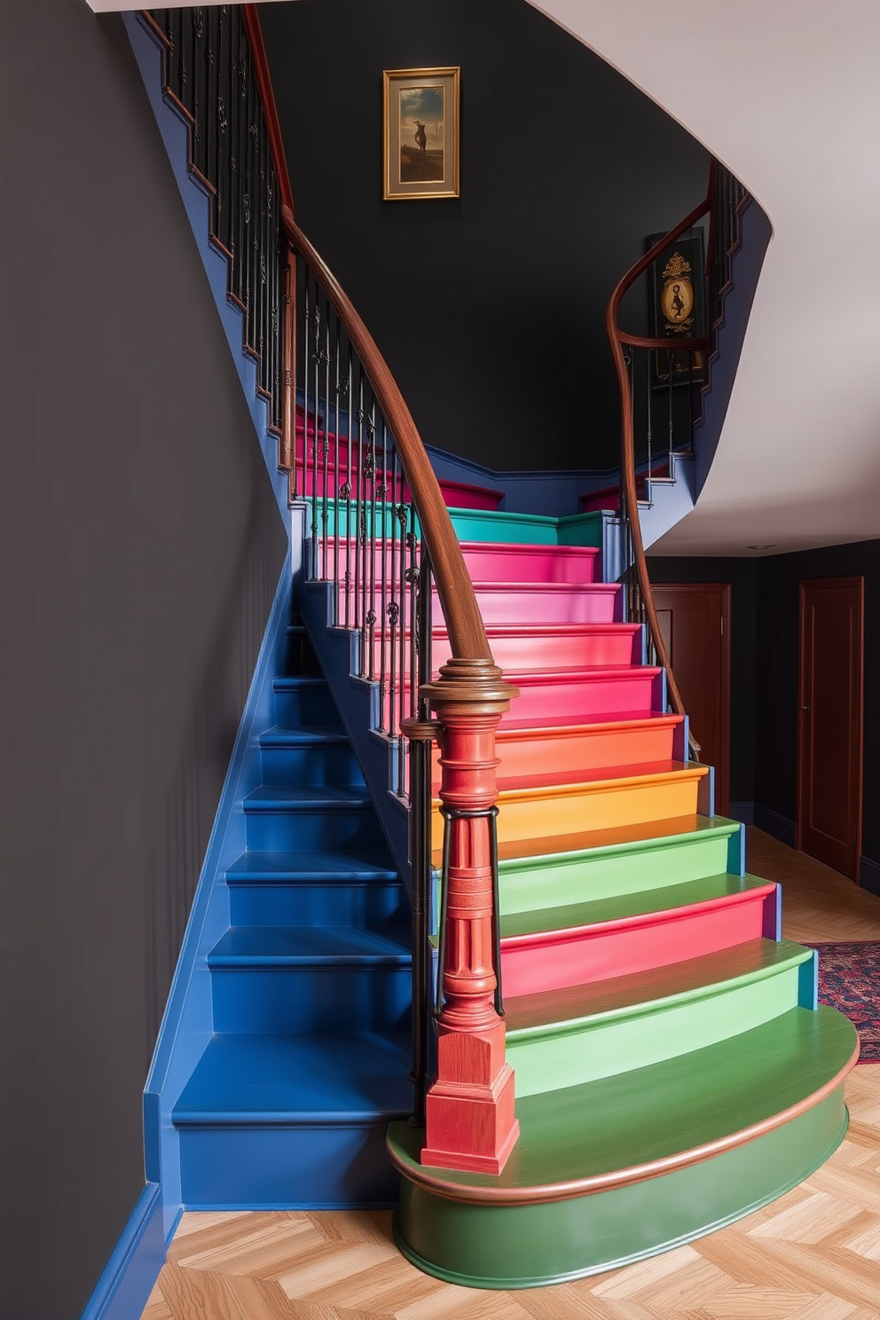 A bold colored staircase with striking hues creates a statement in any home. The contrasting walls enhance the vibrancy of the staircase, making it a focal point of the interior. Bespoke staircase design ideas can incorporate unique materials and finishes. Consider combining wood and metal for a modern touch, or using intricate detailing for a more classic appeal.