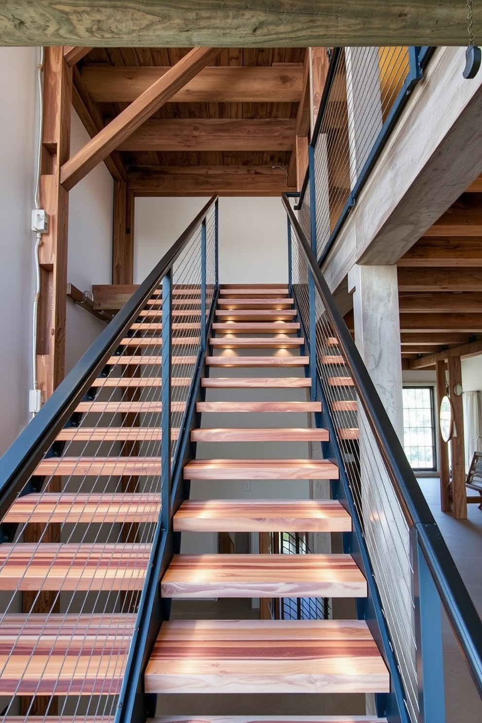 An industrial staircase with exposed beams showcases raw materials and a modern aesthetic. The staircase features a sleek metal railing and wooden treads, seamlessly integrating with the surrounding open space. Bespoke staircase design ideas include custom lighting fixtures that illuminate each step. The combination of concrete and reclaimed wood adds warmth to the industrial vibe while maintaining a stylish edge.