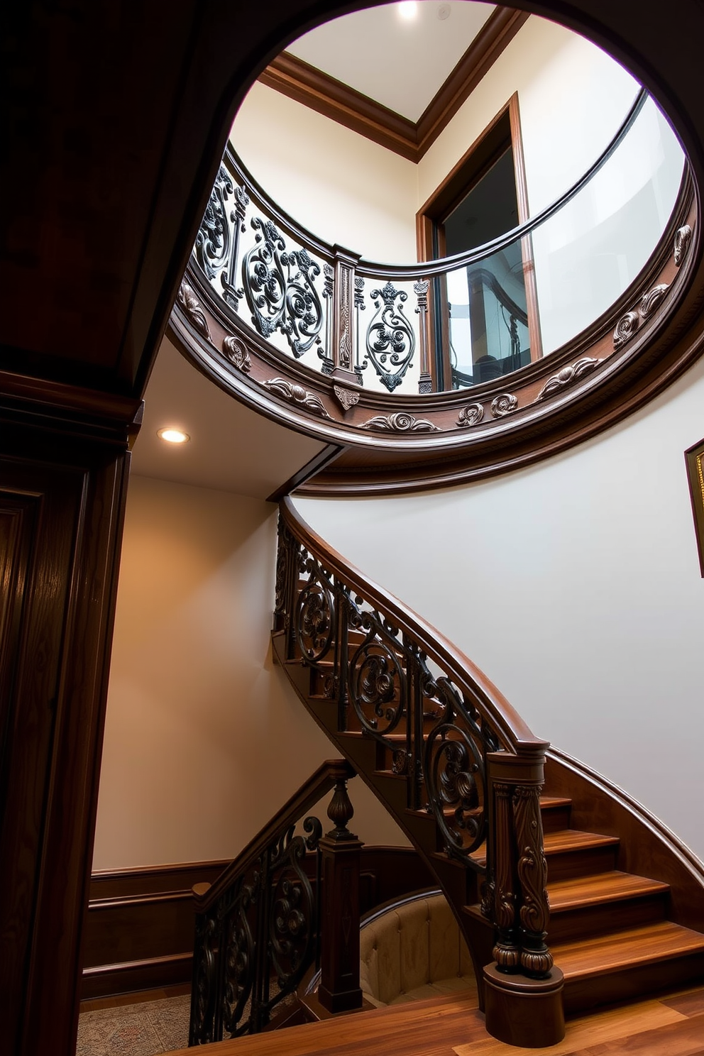 An elegant spiral staircase with ornate carvings gracefully ascends to the upper level of the home. The staircase features a rich wooden finish that complements the intricate details of the carvings, creating a stunning focal point in the entryway. Bespoke staircase design ideas include incorporating a glass railing that enhances the sense of space while showcasing the craftsmanship of the staircase. Soft ambient lighting highlights the curves and details, adding warmth and sophistication to the overall design.
