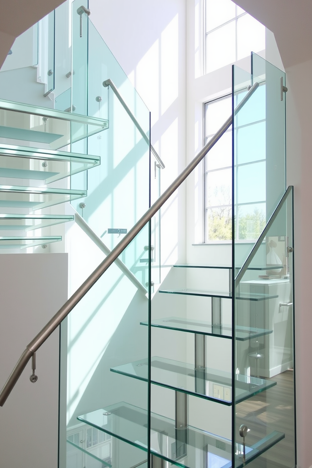 A stunning glass staircase creates an airy and open atmosphere in the home. The transparent panels allow natural light to flow freely, enhancing the overall brightness of the space. The staircase features sleek metal handrails that complement the modern aesthetic. Each step is crafted from tempered glass, showcasing the elegant design while ensuring safety and durability.
