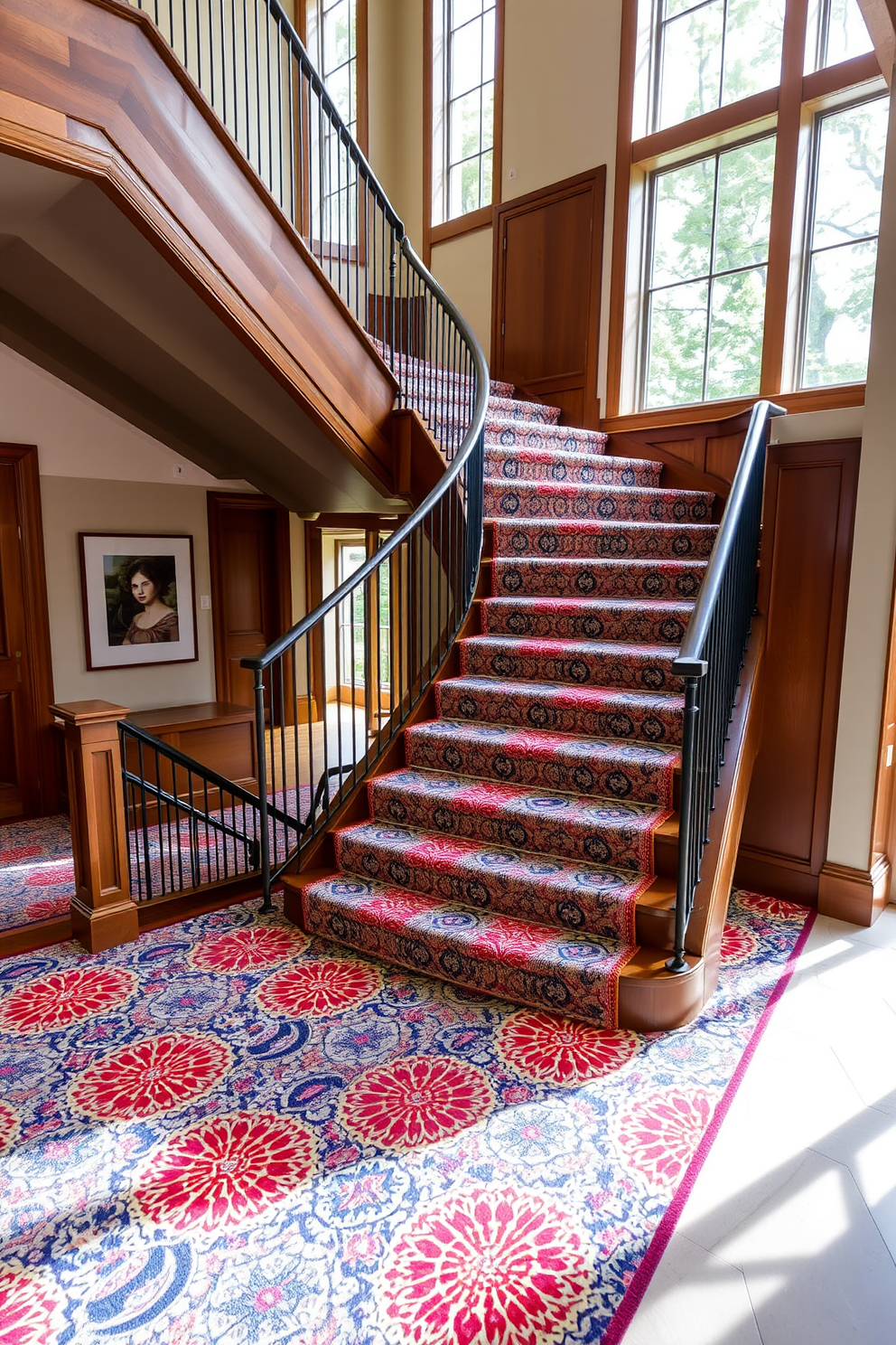 A stunning staircase featuring a unique patterned carpet that flows seamlessly from the ground floor to the upper levels. The carpet showcases a blend of vibrant colors and intricate geometric designs, enhancing the elegance of the space. The staircase itself is crafted from rich hardwood, with sleek metal railings that provide a modern touch. Natural light floods the area through large windows, highlighting the beauty of the bespoke design and the captivating carpet pattern.