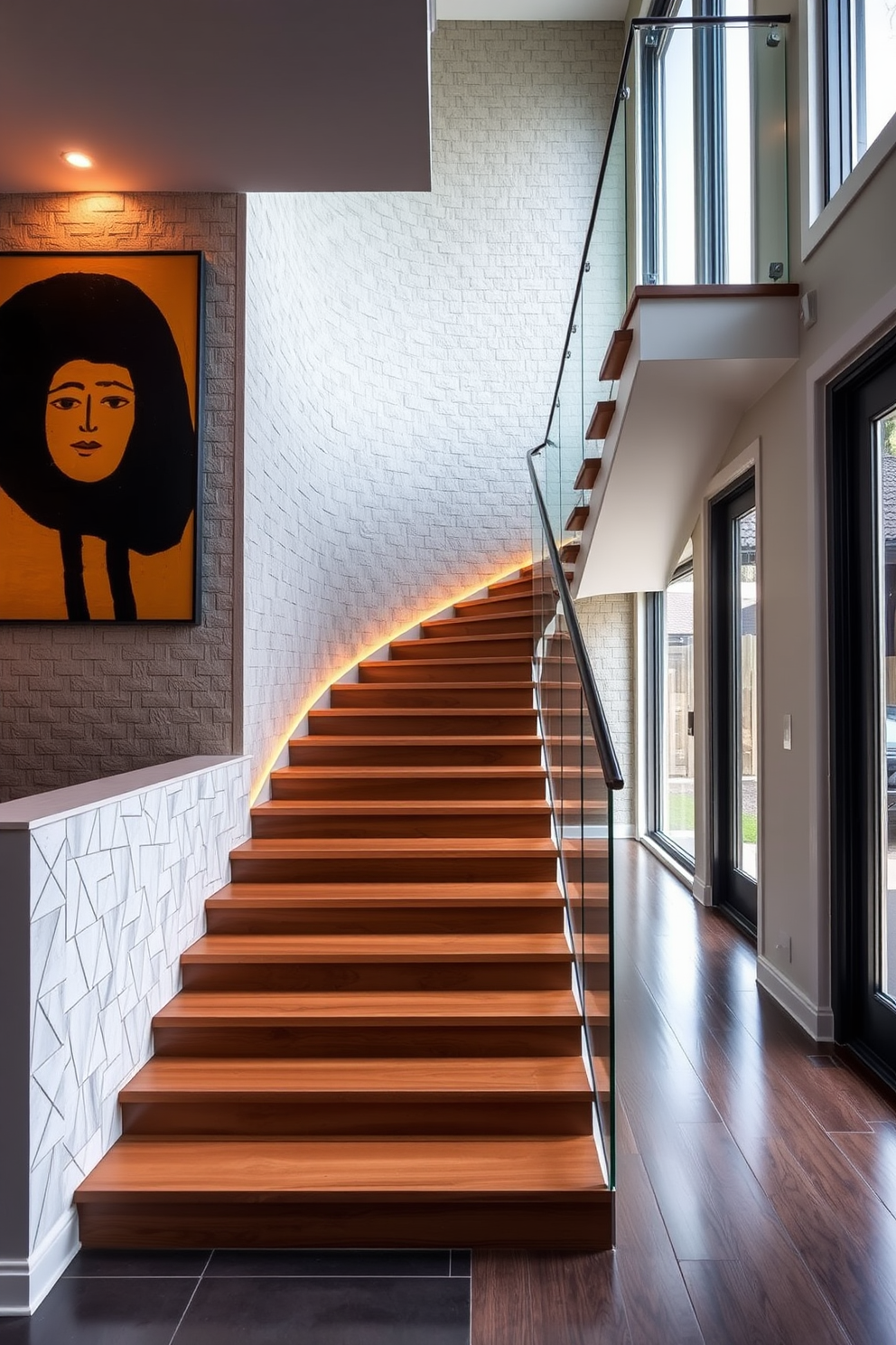 A stunning staircase integrated into a feature wall creates a striking focal point in the entryway. The staircase features sleek wooden steps that contrast beautifully with the textured wall adorned with bold artwork and ambient lighting. The bespoke design incorporates glass balustrades that enhance the sense of openness and modernity. Natural light floods the space through large windows, highlighting the craftsmanship and elegance of the staircase.