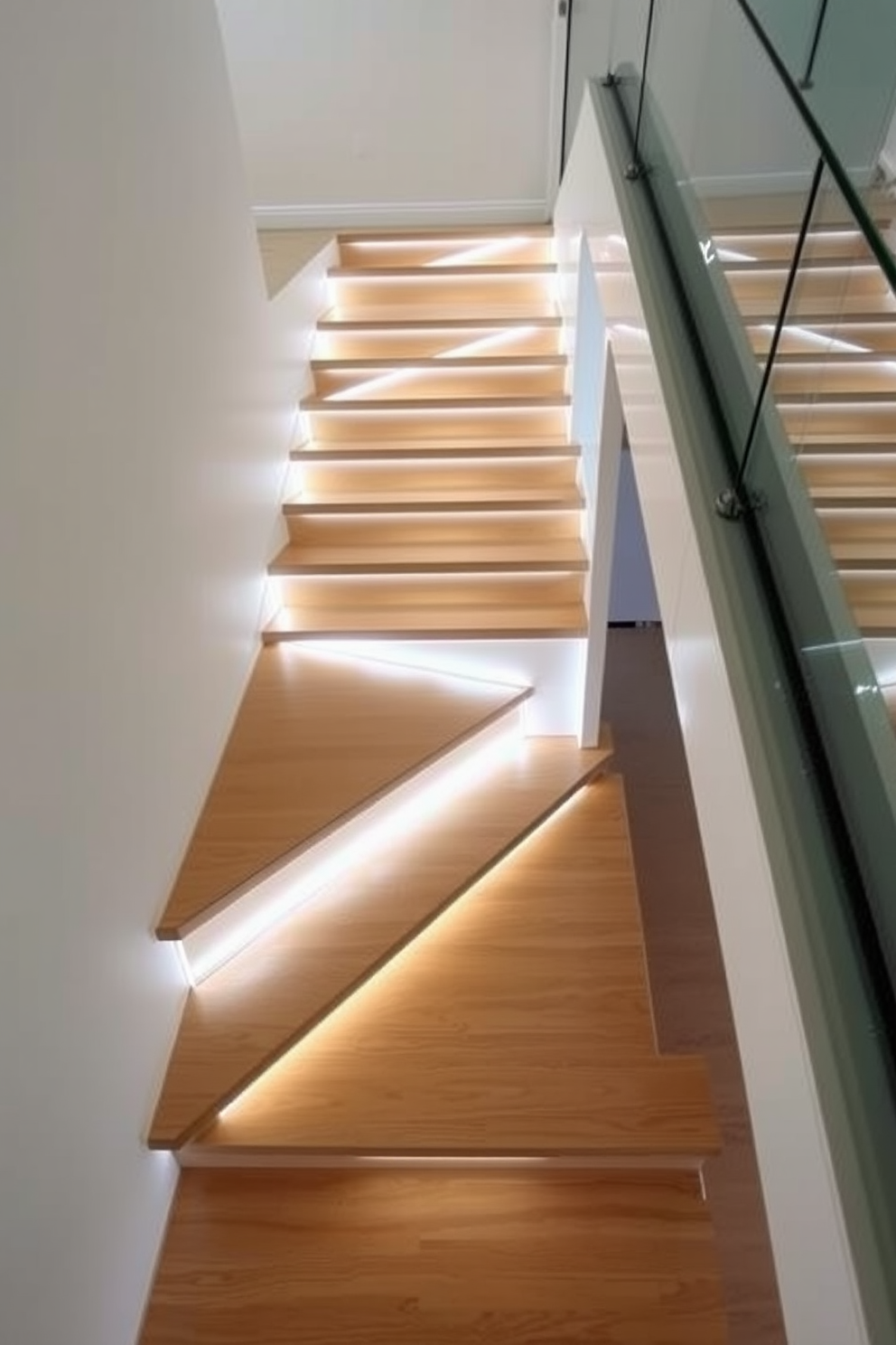 A contemporary staircase featuring sleek wooden treads and a glass railing that allows light to flow through. LED strip lights are integrated into the steps, illuminating the way with a soft glow that enhances the modern aesthetic. The staircase design incorporates a unique geometric shape that adds visual interest to the space. Bespoke elements such as custom handrails and a polished finish create a luxurious feel that complements the overall interior design.