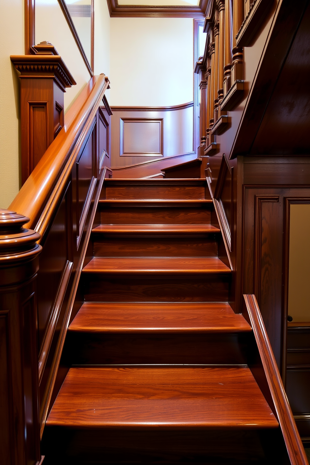 Classic wooden staircase with rich finishes. The staircase features intricate carvings and a polished handrail that enhances its elegance. The steps are made of dark hardwood, showcasing the natural grain and texture. Soft lighting illuminates the staircase, creating a warm and inviting atmosphere.