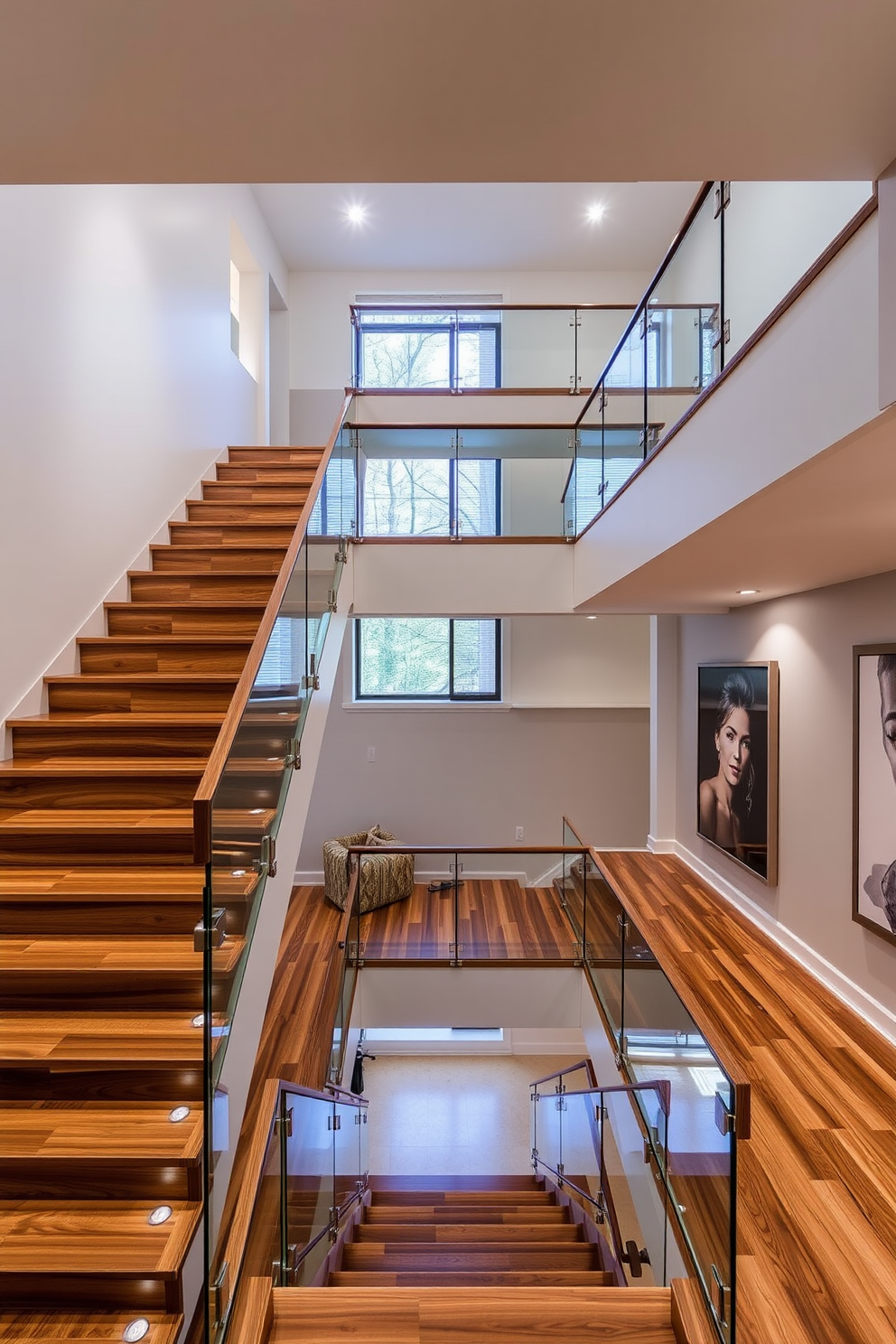 A stunning multi-level staircase features open landings that create a sense of space and light. The treads are crafted from rich hardwood, while the railings are made of sleek glass, offering a modern touch to the design. The staircase is illuminated by strategically placed recessed lighting that highlights the architectural details. Surrounding the staircase, a neutral color palette enhances the elegance of the bespoke design, complemented by artwork displayed on the walls.