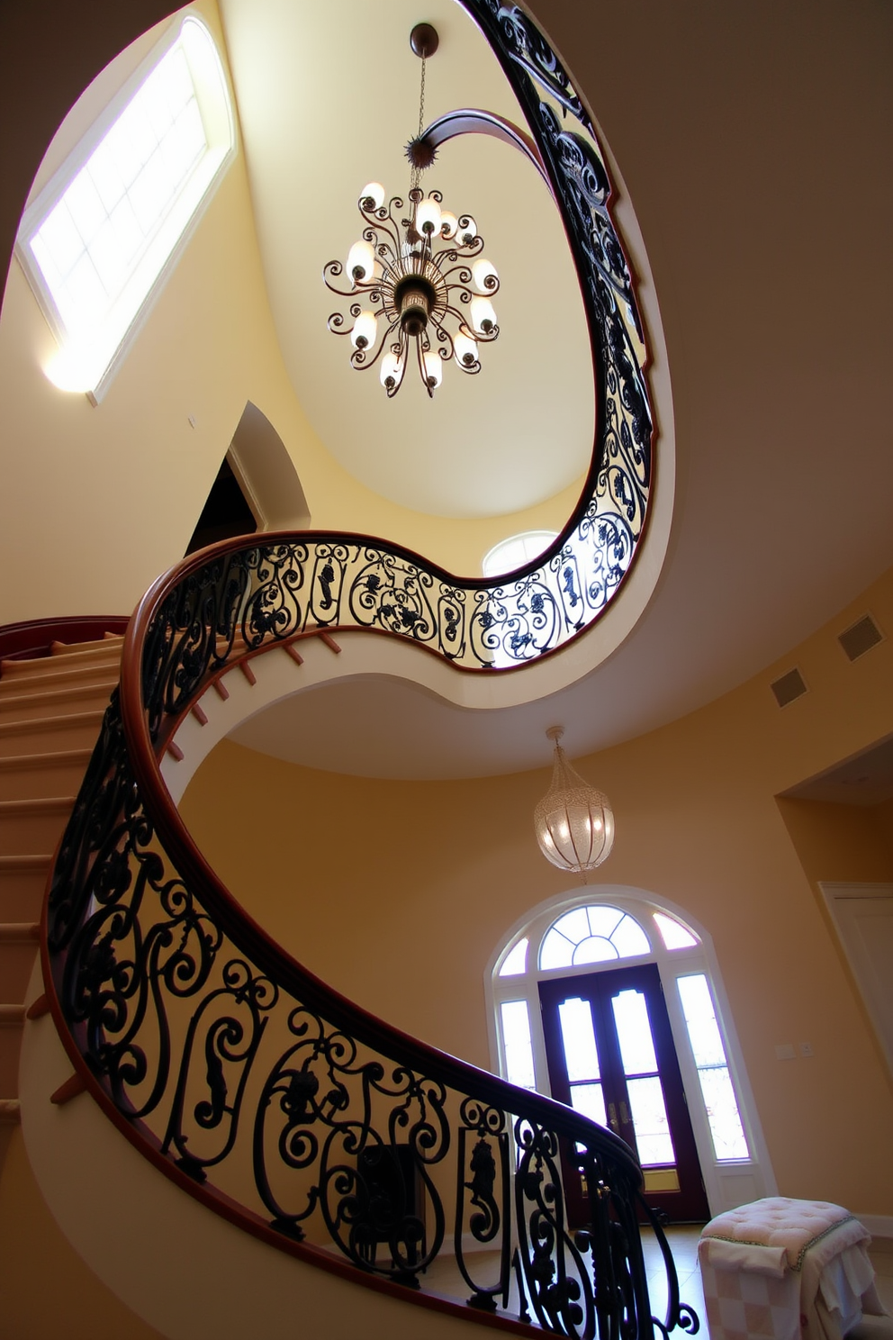 A stunning spiral staircase with elegant wrought iron details spirals gracefully upwards. The staircase features a rich wooden handrail that complements the intricate ironwork, creating a striking focal point in the entryway. The surrounding walls are adorned with soft neutral tones that enhance the staircase's grandeur. A beautiful chandelier hangs above, casting a warm glow that highlights the staircase's exquisite craftsmanship.
