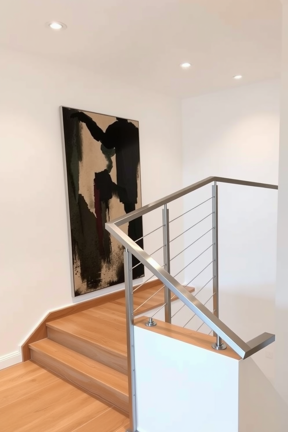 A minimalist staircase features sleek handrails crafted from brushed stainless steel. The treads are made of light oak, creating a warm contrast against the white walls. The staircase is illuminated by soft recessed lighting that highlights its clean lines. A large abstract painting hangs nearby, adding a touch of elegance to the space.