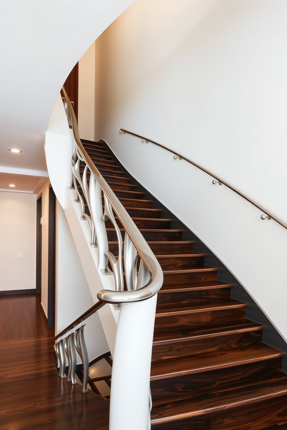 Artistic staircase with sculptural elements. The staircase features flowing curves and intricate details that create a stunning visual impact in the space. The railing is crafted from polished metal, complementing the wooden treads that have a rich, dark finish. Soft lighting highlights the unique shapes and textures, enhancing the overall elegance of the design.