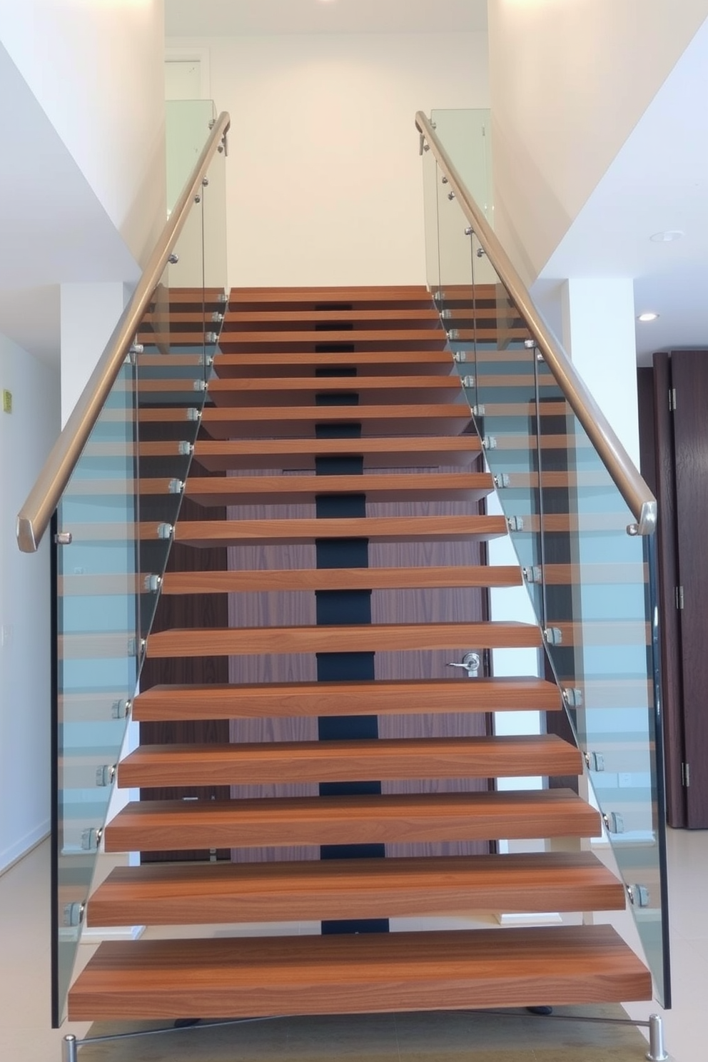 Modern staircase with a floating design. The staircase features sleek wooden steps that appear to defy gravity, supported by glass panels on either side. The handrail is made of polished metal, adding a contemporary touch. The space is illuminated by recessed lighting, highlighting the elegant lines of the staircase.