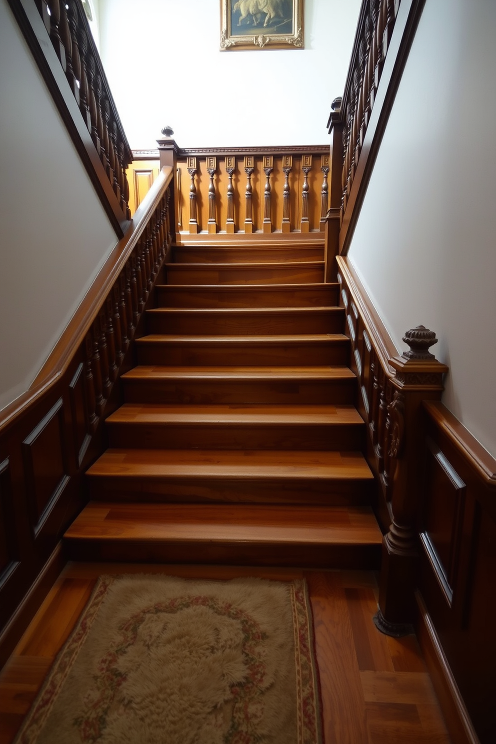 A vintage staircase with intricate woodwork showcases the craftsmanship of a bygone era. The balustrades are adorned with detailed carvings, and the steps feature a rich, polished finish that highlights the natural grain of the wood. At the base of the staircase, a plush runner complements the wood tones and adds a touch of warmth. Soft lighting illuminates the staircase, casting gentle shadows that enhance the elegance of the design.