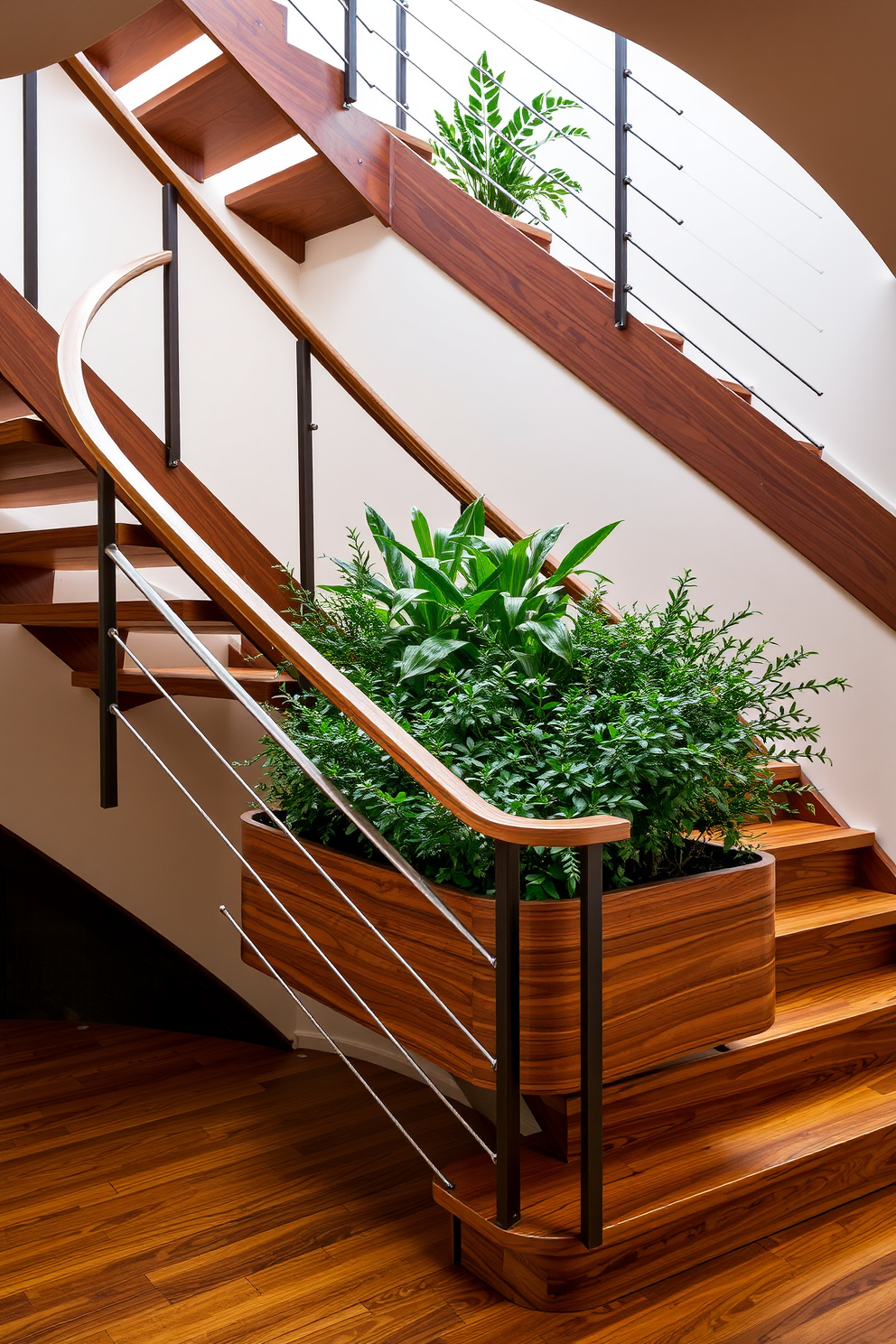 A stunning staircase design featuring a built-in planter box. The staircase is crafted from rich hardwood with sleek metal railings, and the planter box is filled with lush greenery that complements the overall aesthetic.