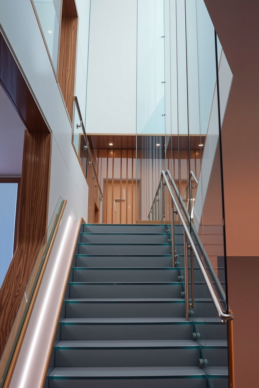 A sophisticated staircase design featuring sleek glass panels that create an airy and open feel. The staircase is framed with polished wood accents, showcasing a seamless blend of modern elegance and functionality. The glass panels are adorned with minimalist metal railings, enhancing the contemporary aesthetic. Soft lighting is integrated into the staircase design, highlighting the beauty of the materials and creating a warm ambiance.