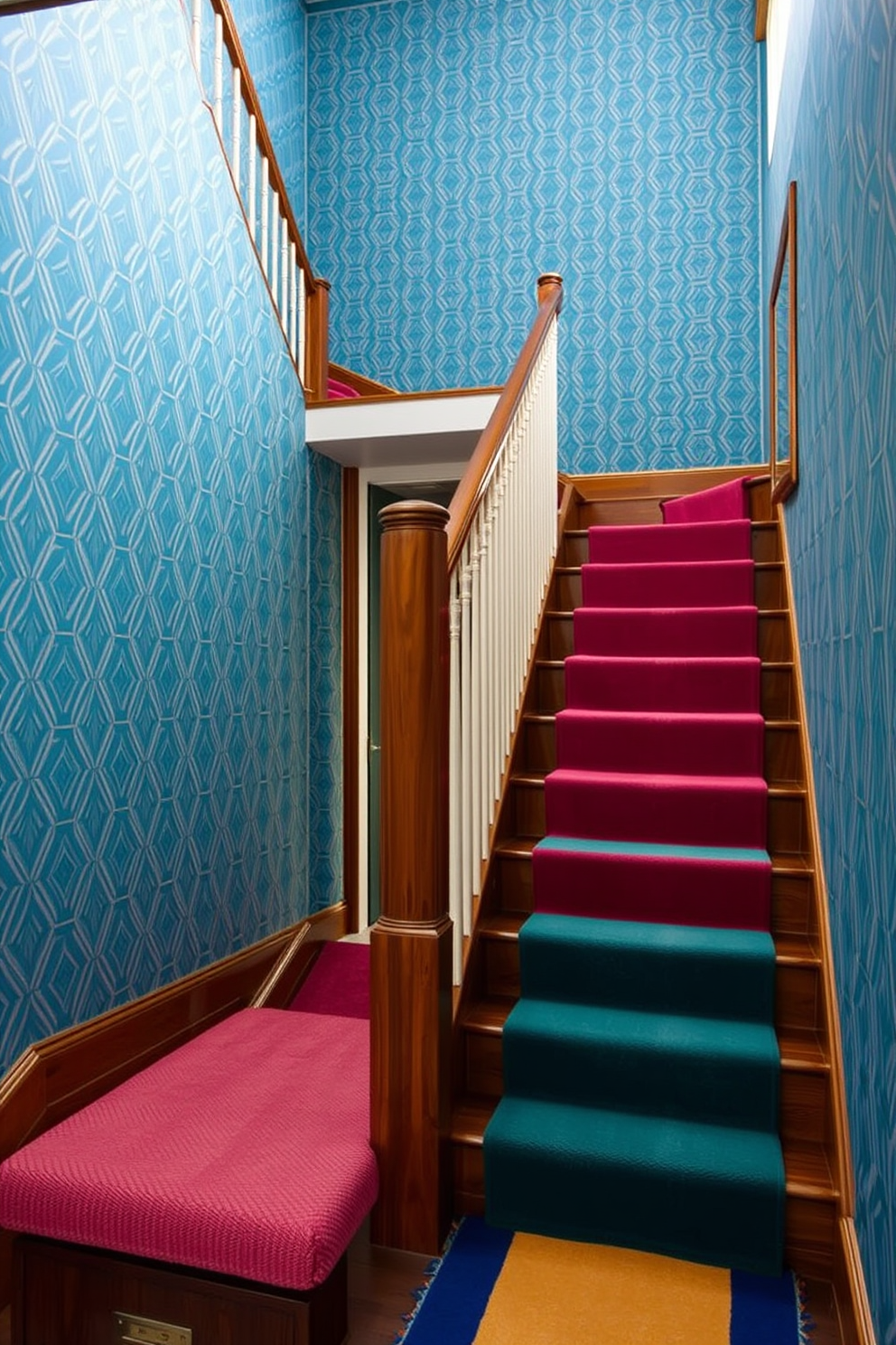 A striking staircase features bold wallpaper accents that create a dramatic focal point. The wallpaper showcases a vibrant geometric pattern, enhancing the elegance of the wooden staircase. The handrail is crafted from polished brass, adding a touch of luxury to the design. Underfoot, a plush runner in complementary colors provides comfort and style as one ascends the stairs.