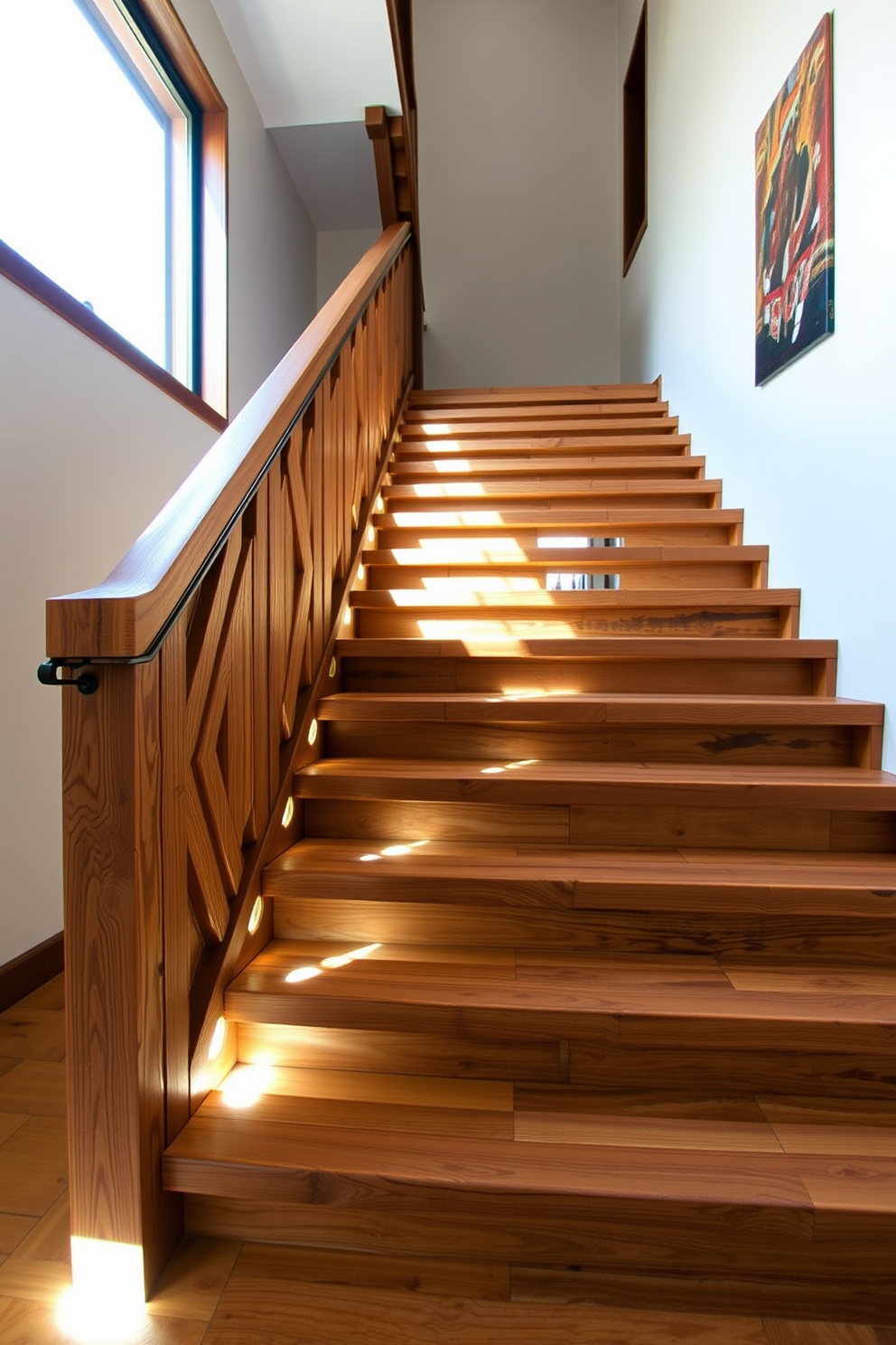 A stunning staircase made of reclaimed wood with intricate detailing and a sleek handrail. The staircase is illuminated by natural light streaming through a large window, highlighting the rich textures of the wood. Bespoke staircase design ideas include a floating staircase with open risers that create an airy feel. Incorporating built-in lighting along the steps adds a modern touch while enhancing safety and ambiance.