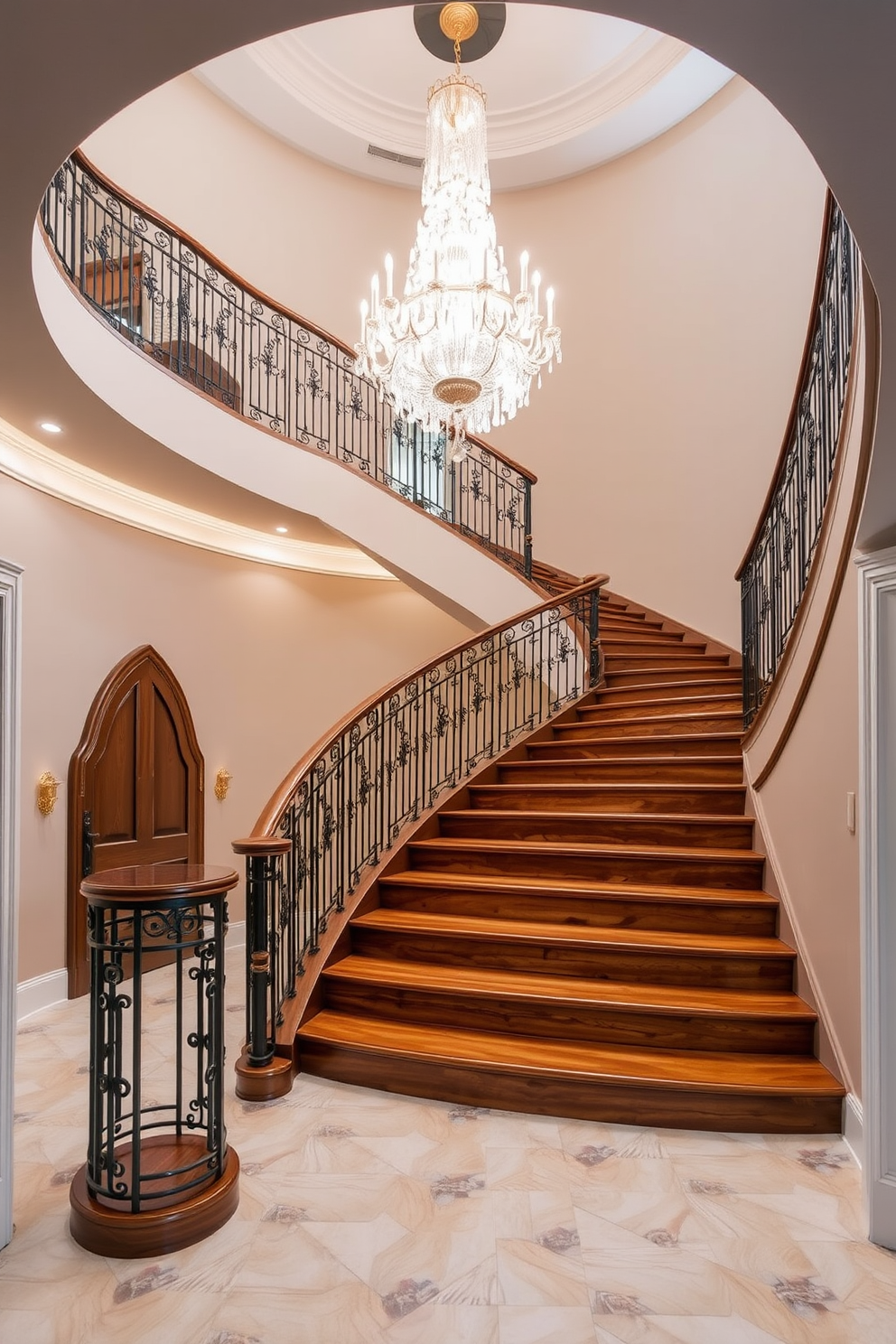 A luxury staircase with a grand chandelier features a sweeping design that elegantly curves upwards. The staircase is adorned with rich wooden steps and a polished balustrade, while the chandelier sparkles above, casting a warm glow throughout the space. Bespoke staircase design ideas include incorporating intricate detailing on the handrails and using mixed materials such as glass and metal for a modern touch. The staircase is complemented by soft ambient lighting that highlights its architectural beauty and enhances the overall grandeur of the entryway.