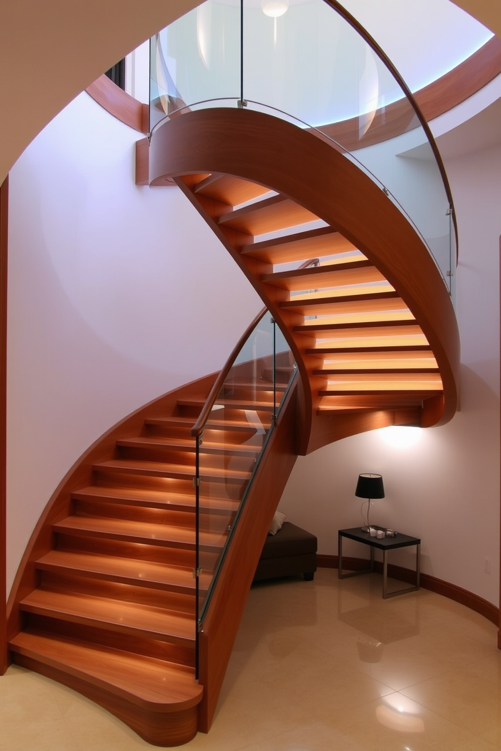 A stunning curved staircase gracefully ascends, featuring integrated LED lighting that highlights its elegant lines. The staircase is crafted from rich hardwood, with a smooth finish that complements the surrounding decor. The balustrade is made of glass, providing an unobstructed view of the space below while adding a modern touch. Below the staircase, a small seating area is created, adorned with plush cushions and a stylish side table.