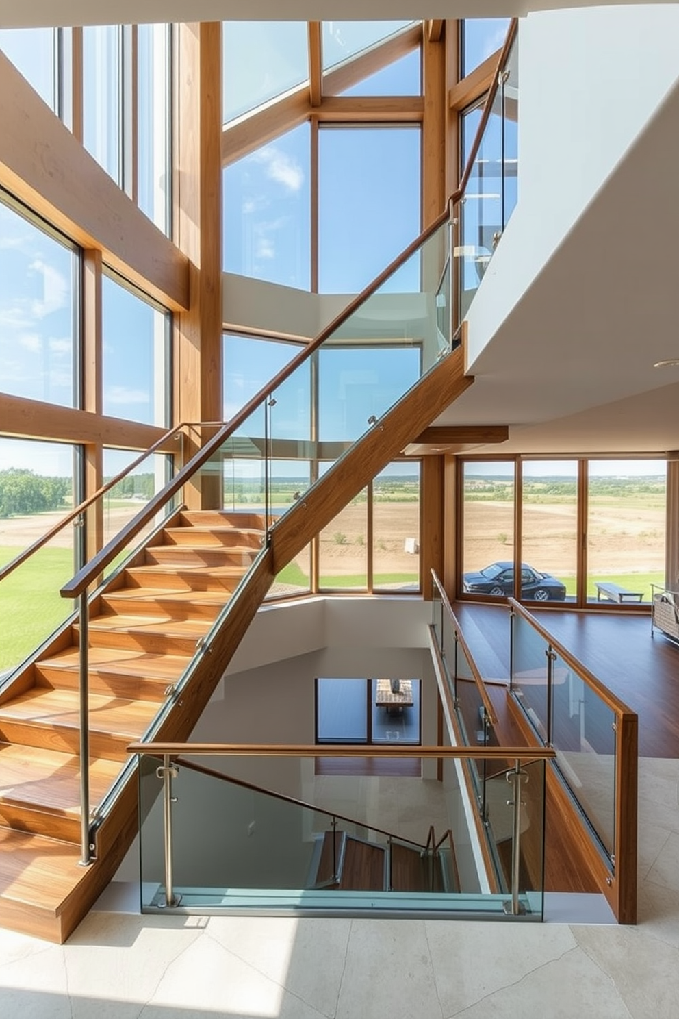 A stunning staircase with a panoramic view that showcases large floor-to-ceiling windows allowing natural light to flood the space. The staircase features a sleek wooden design with glass railings, creating an open and airy feel while seamlessly connecting the different levels of the home. Bespoke staircase design ideas that include unique materials such as reclaimed wood and metal accents for a modern yet timeless look. Incorporate built-in lighting along the staircase to highlight its architectural beauty and enhance the overall ambiance of the interior.