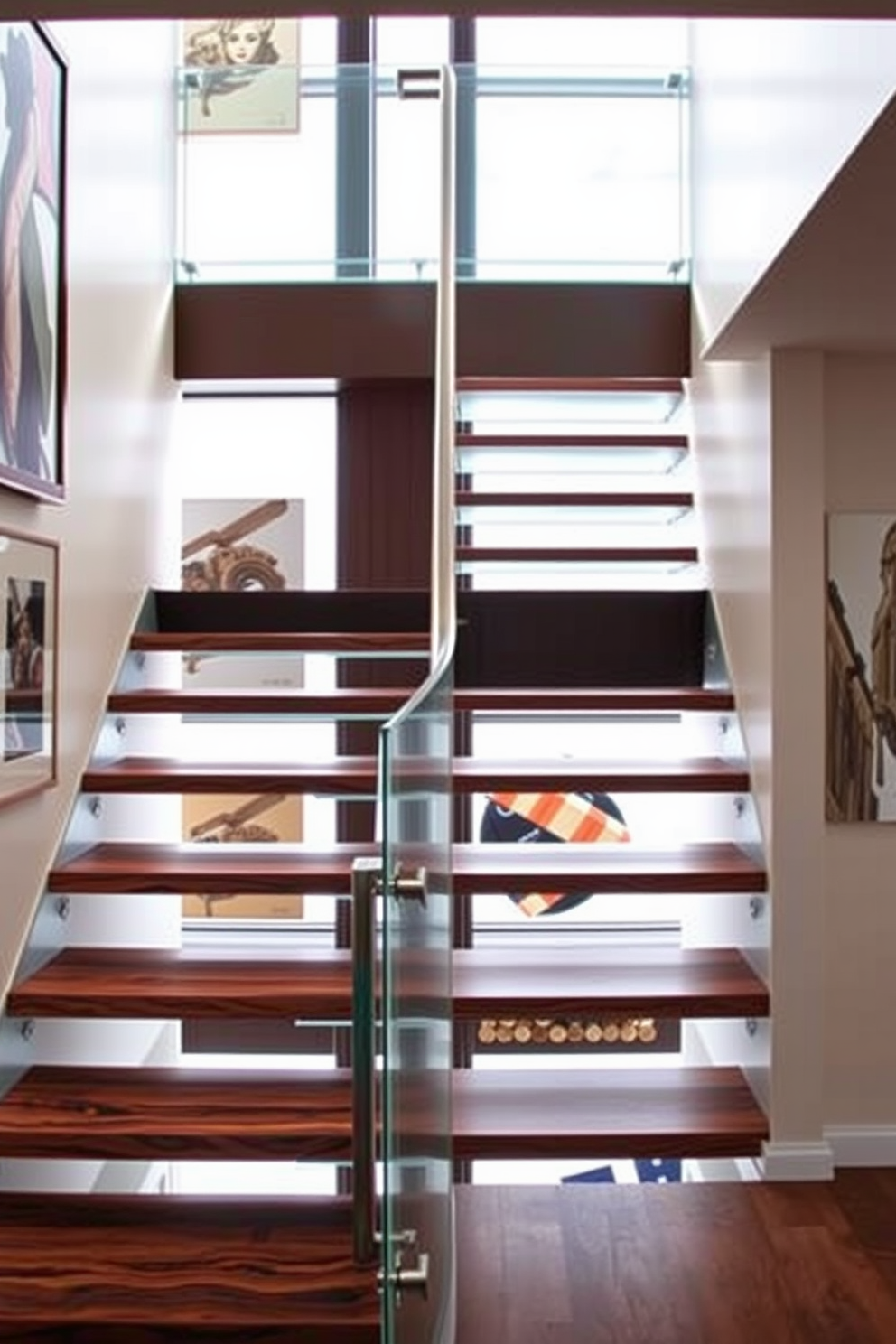 A striking geometric staircase featuring a combination of wood and metal elements. The treads are crafted from rich walnut, while the risers are made of sleek glass, creating a stunning visual contrast. The handrail is a minimalist stainless steel design that complements the overall aesthetic. Surrounding the staircase, the walls are adorned with contemporary art pieces that enhance the modern feel of the space.