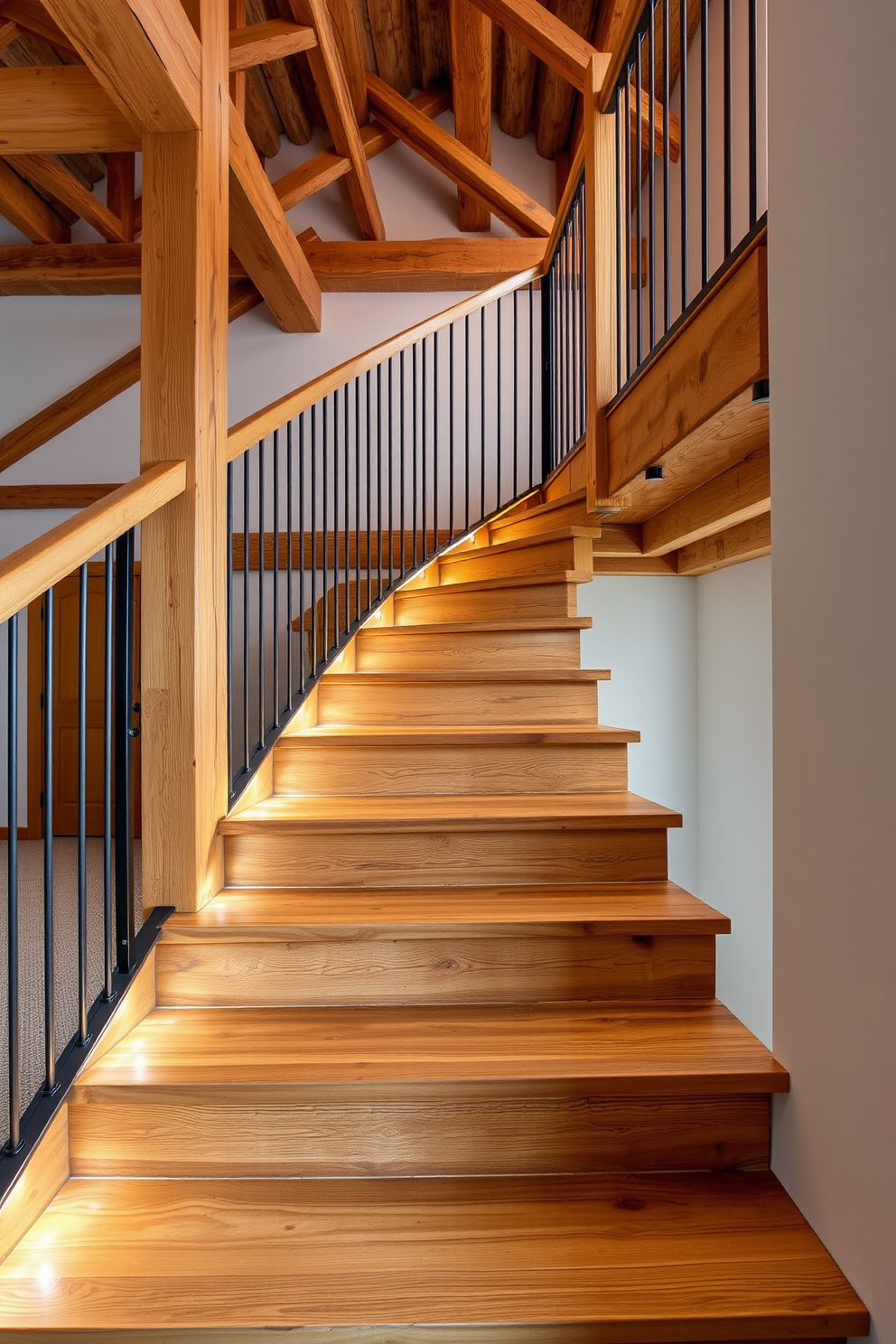 A rustic wooden staircase with exposed beams and metal railings creates a warm and inviting focal point. The steps are crafted from reclaimed wood, showcasing natural knots and grains, while the metal accents add a modern touch. Bespoke staircase design ideas include integrating LED lighting along the edges of the steps for added safety and ambiance. Consider incorporating a unique balustrade design that complements the overall aesthetic of the space.