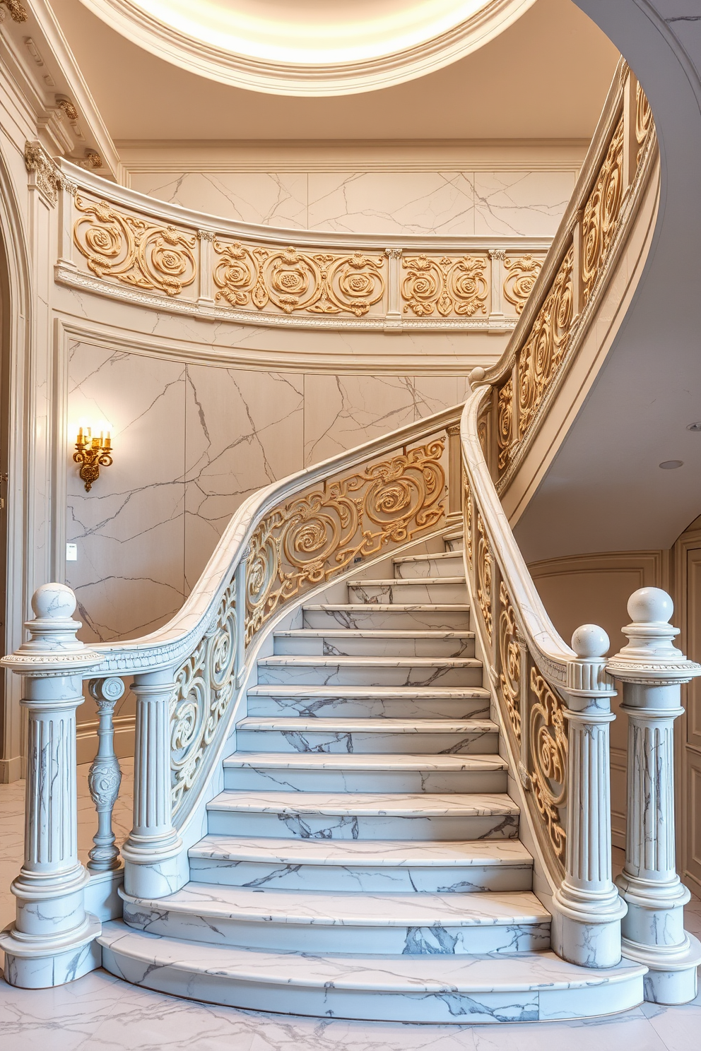 Luxe marble staircase featuring a graceful balustrade that complements the opulent aesthetic. The staircase is adorned with intricate detailing and soft lighting that enhances the luxurious atmosphere. Bespoke staircase design ideas include unique shapes and materials that reflect personal style. Consider incorporating custom finishes and decorative elements for a truly one-of-a-kind feature.