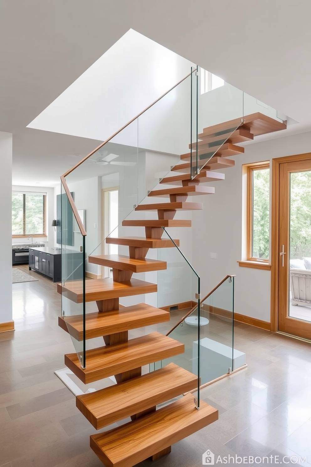 A cantilevered staircase features sleek floating steps that seem to defy gravity, creating a striking focal point in the space. The staircase is made of polished wood with glass railing, allowing light to flow freely and enhancing the modern aesthetic. The bespoke design incorporates unique shapes and materials, tailored to fit the specific needs of the home. This staircase not only serves as a functional element but also as a piece of art that complements the overall interior design.