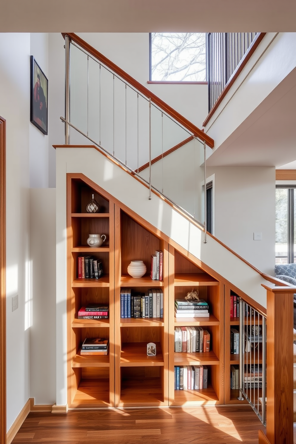 A stunning staircase design features built-in bookshelves underneath, seamlessly integrating functionality with elegance. The bookshelves are crafted from rich wood, showcasing a collection of books and decorative items that enhance the overall aesthetic of the space. The staircase itself boasts a bespoke design with sleek, modern railings and a polished finish. Natural light floods the area, highlighting the craftsmanship and creating a warm, inviting atmosphere.