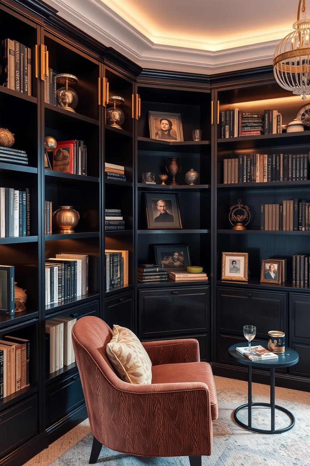 A cozy home library featuring dark wood shelves adorned with elegant gold accents. The shelves are filled with a curated selection of books, decorative items, and personal mementos. Soft, ambient lighting illuminates the space, creating a warm and inviting atmosphere. A plush armchair in a rich fabric sits in the corner, accompanied by a small side table for drinks and reading materials.
