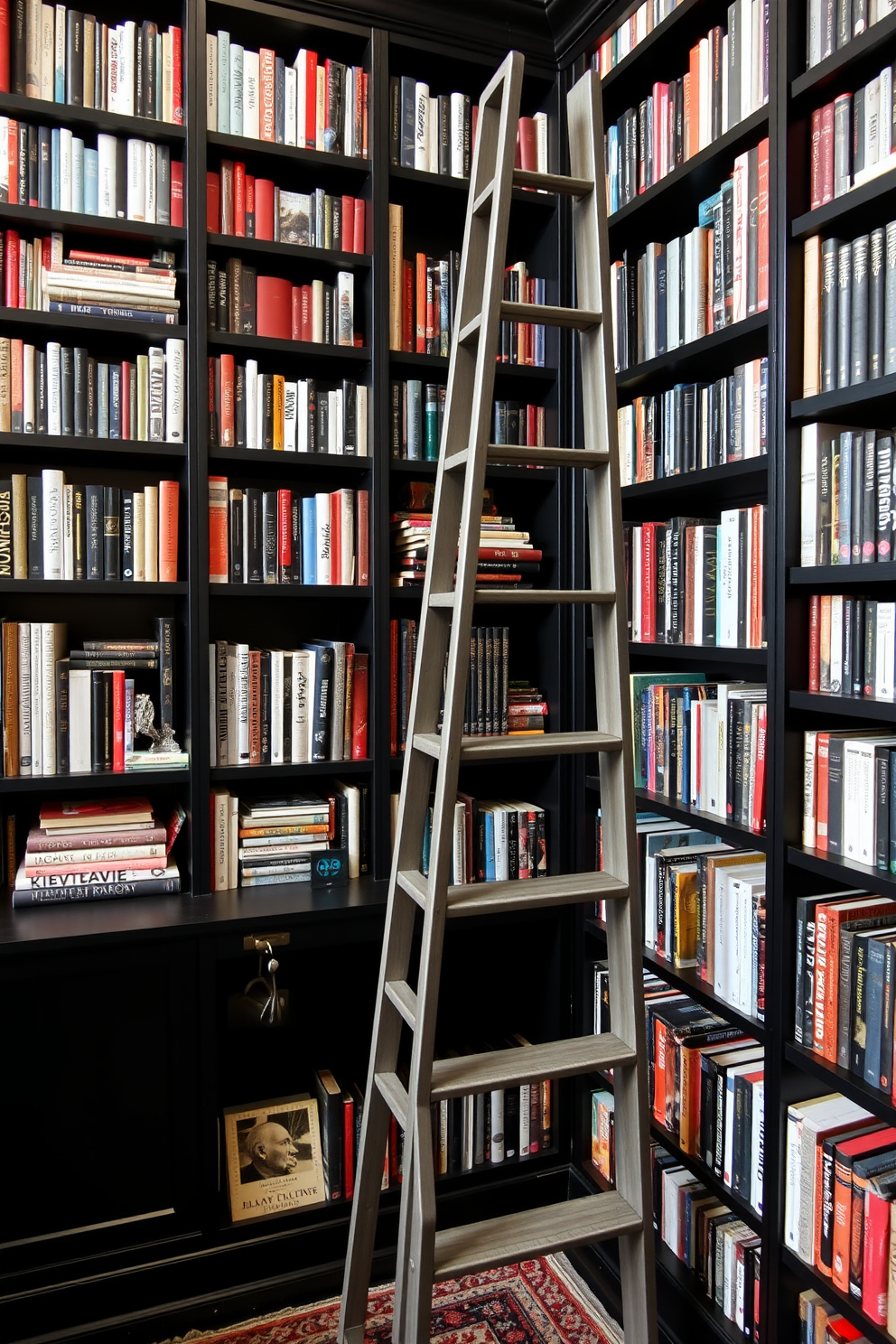 A cozy black home library features a stylish ladder for accessing high shelves. The walls are lined with dark wooden bookshelves filled with a diverse collection of books.