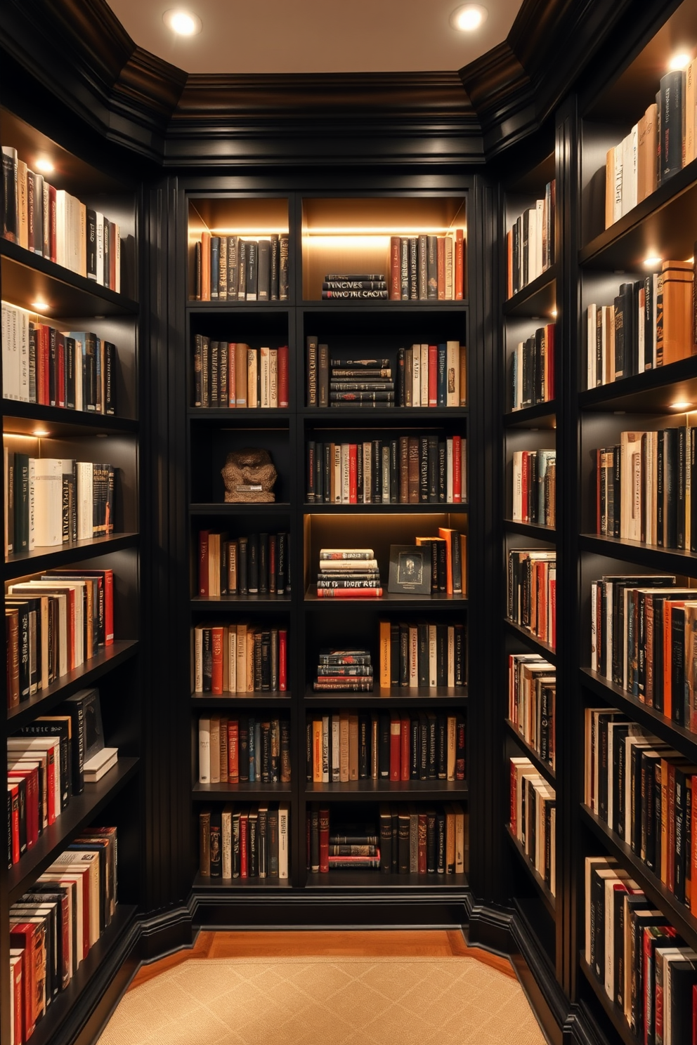 A luxurious black home library featuring integrated lighting within custom bookshelves. The shelves are filled with an extensive collection of books, while warm LED lights highlight the titles and create a cozy ambiance.