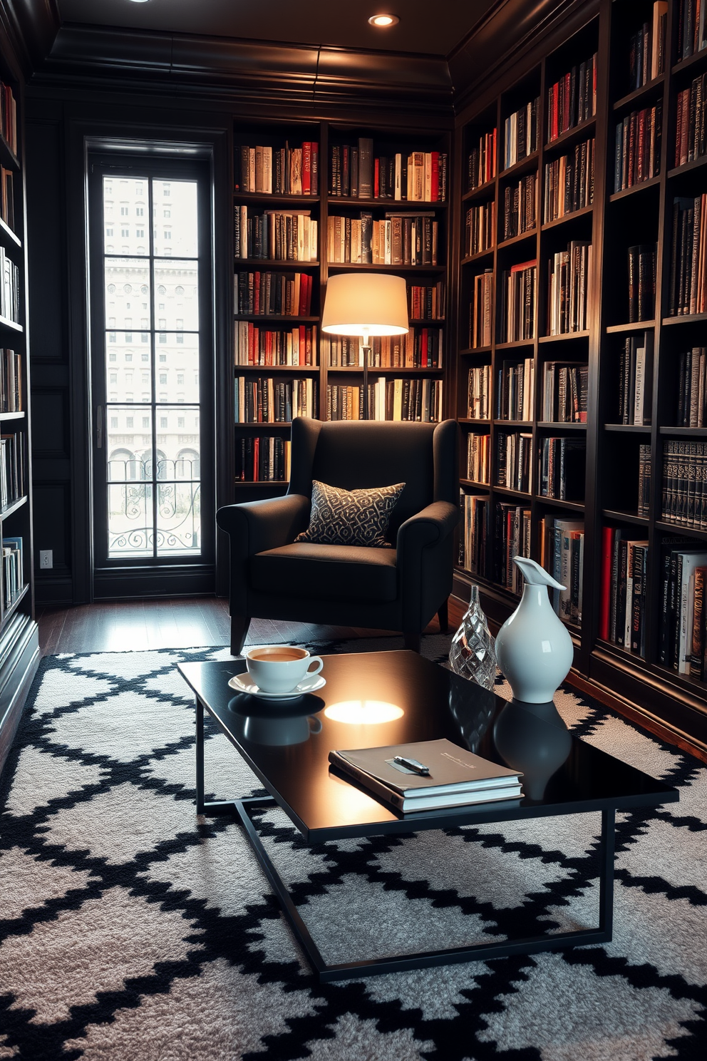 A cozy home library featuring a black and white patterned area rug that adds depth to the space. The room is lined with dark wooden bookshelves filled with an array of books, and a plush black armchair sits invitingly in the corner. Soft lighting emanates from a stylish floor lamp, creating a warm ambiance for reading. A sleek black coffee table rests in front of the armchair, adorned with a few well-placed decorative items and a steaming cup of coffee.
