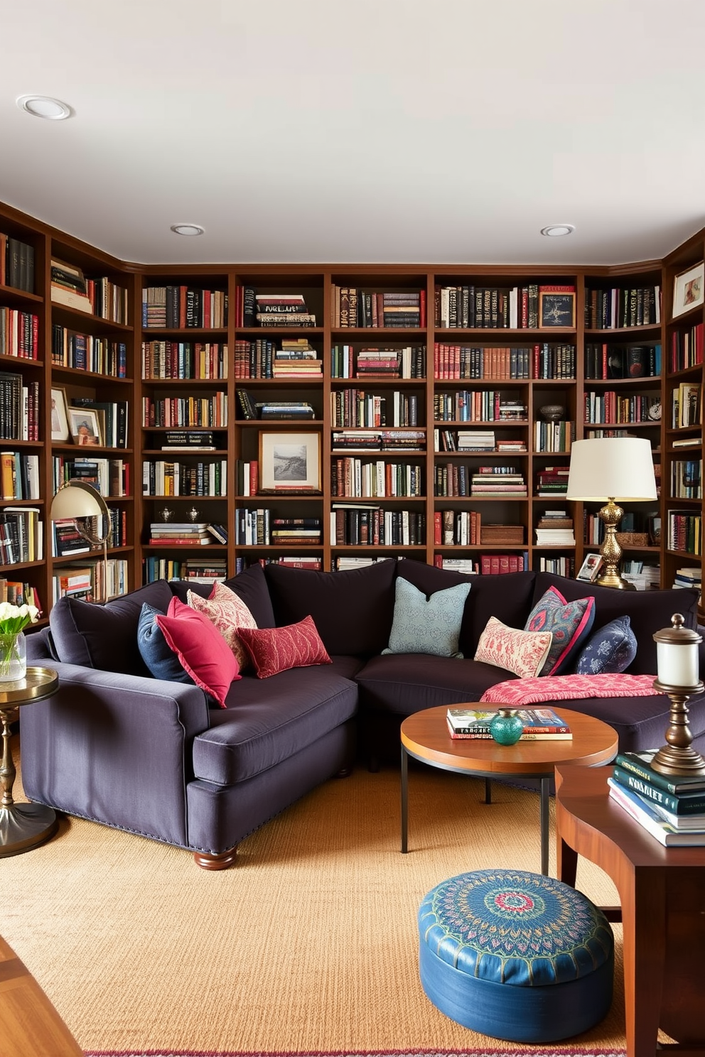 A comfortable sectional sofa is placed in a cozy corner of a spacious home library. The sofa is upholstered in a soft, dark fabric, complemented by an array of colorful throw pillows. Surrounding the sofa are floor-to-ceiling bookshelves filled with an eclectic mix of books and decorative items. A warm area rug anchors the space, while soft lighting from stylish lamps creates an inviting atmosphere for reading and relaxation.