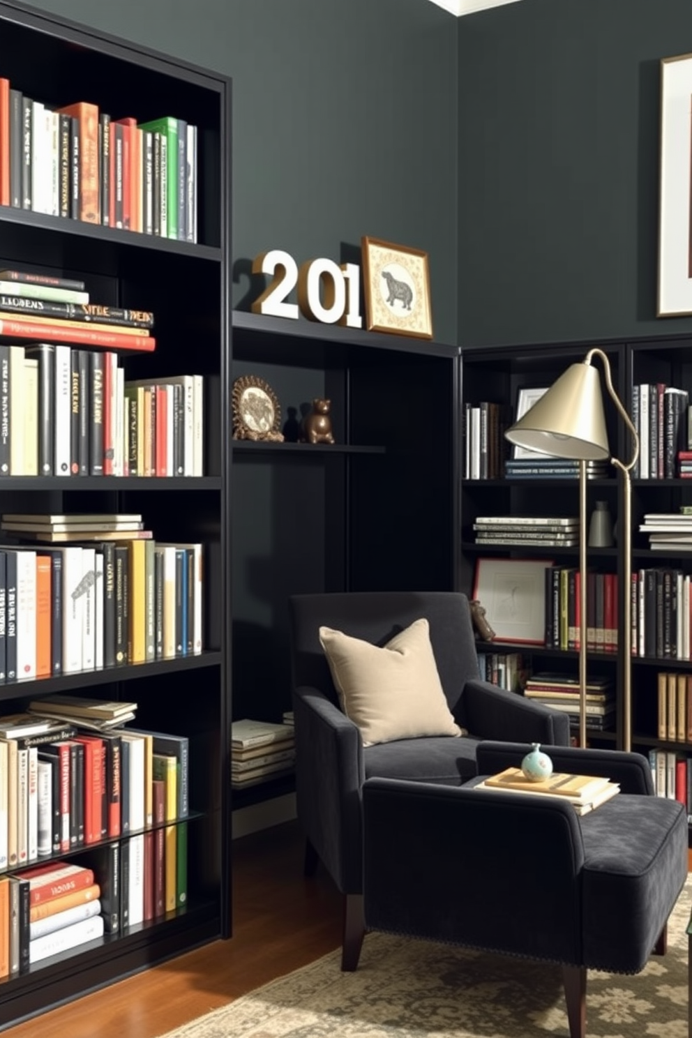 Personalized bookends in a sleek black home library create a unique focal point. The shelves are filled with an array of books, complemented by decorative items that reflect personal interests. The library features a cozy reading nook with a plush armchair and a small side table. Soft lighting from a stylish floor lamp enhances the inviting atmosphere, making it the perfect spot to enjoy a good book.