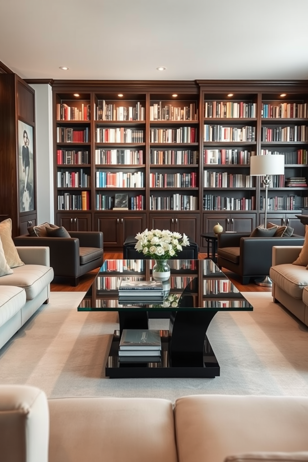 A sleek glass coffee table sits at the center of a spacious living area, allowing light to flow freely beneath it. Surrounding the table are plush sofas in neutral tones, creating a cozy yet open atmosphere. The home library features dark wooden shelves filled with books, contrasting beautifully with the glass elements. Soft lighting highlights the rich textures of the furniture, making it an inviting space for reading and relaxation.