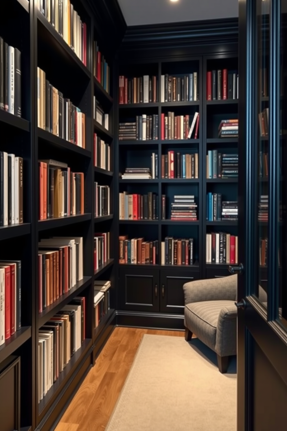 A cozy black home library featuring built-in shelves that provide ample hidden storage. The shelves are filled with an array of books, and a comfortable reading nook with plush seating is nestled in one corner, creating an inviting atmosphere.