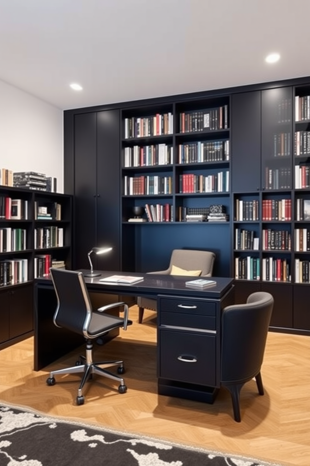A stylish desk designed for optimal workspace functionality features a sleek black finish with clean lines and ample storage. The desk is complemented by an ergonomic chair and strategically placed task lighting to enhance productivity. The black home library design showcases floor-to-ceiling bookshelves filled with a curated collection of books. A cozy reading nook is created with a plush armchair and a small side table, inviting relaxation and contemplation.