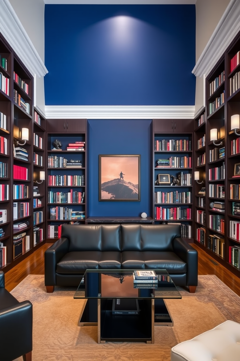 Create a stunning home library featuring an accent wall painted in a bold color that contrasts with the surrounding walls. The library is filled with floor-to-ceiling bookshelves made of dark wood, showcasing an array of books and decorative objects. In the center, a sleek black leather sofa is paired with a modern glass coffee table. Soft lighting from stylish sconces illuminates the space, creating a warm and inviting atmosphere for reading and relaxation.