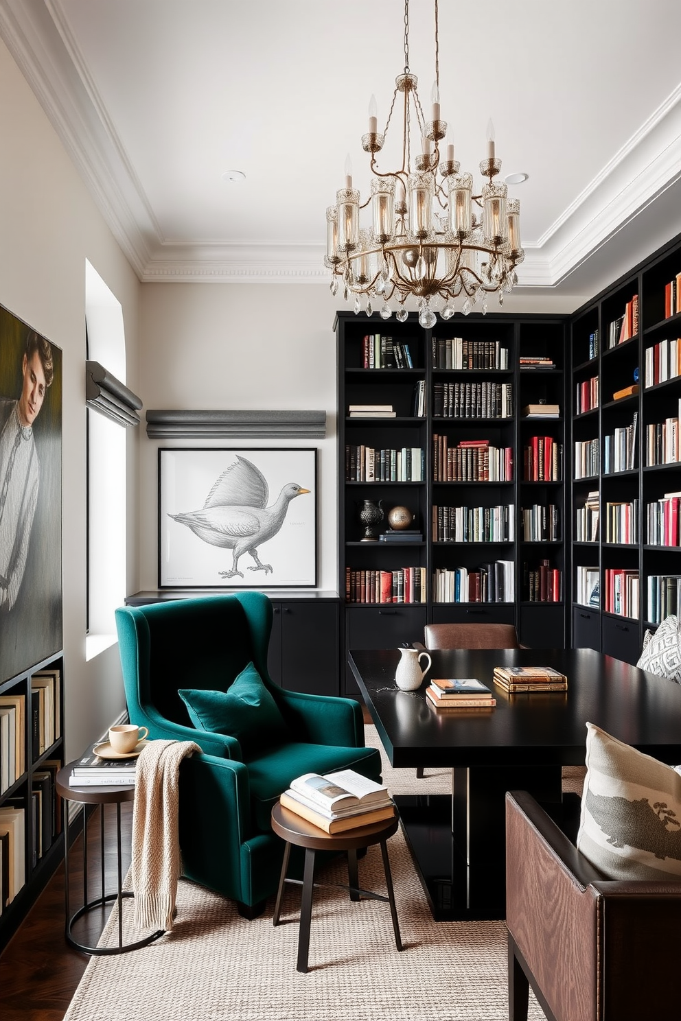 Cozy reading nook with a plush armchair in a deep emerald green fabric. A small side table holds a steaming cup of tea and a stack of well-loved books, while a warm throw blanket drapes over the arm of the chair. Black home library design featuring sleek black bookshelves that reach the ceiling. A modern chandelier hangs above a large dark wood table, surrounded by stylish, comfortable seating that invites long hours of reading and reflection.