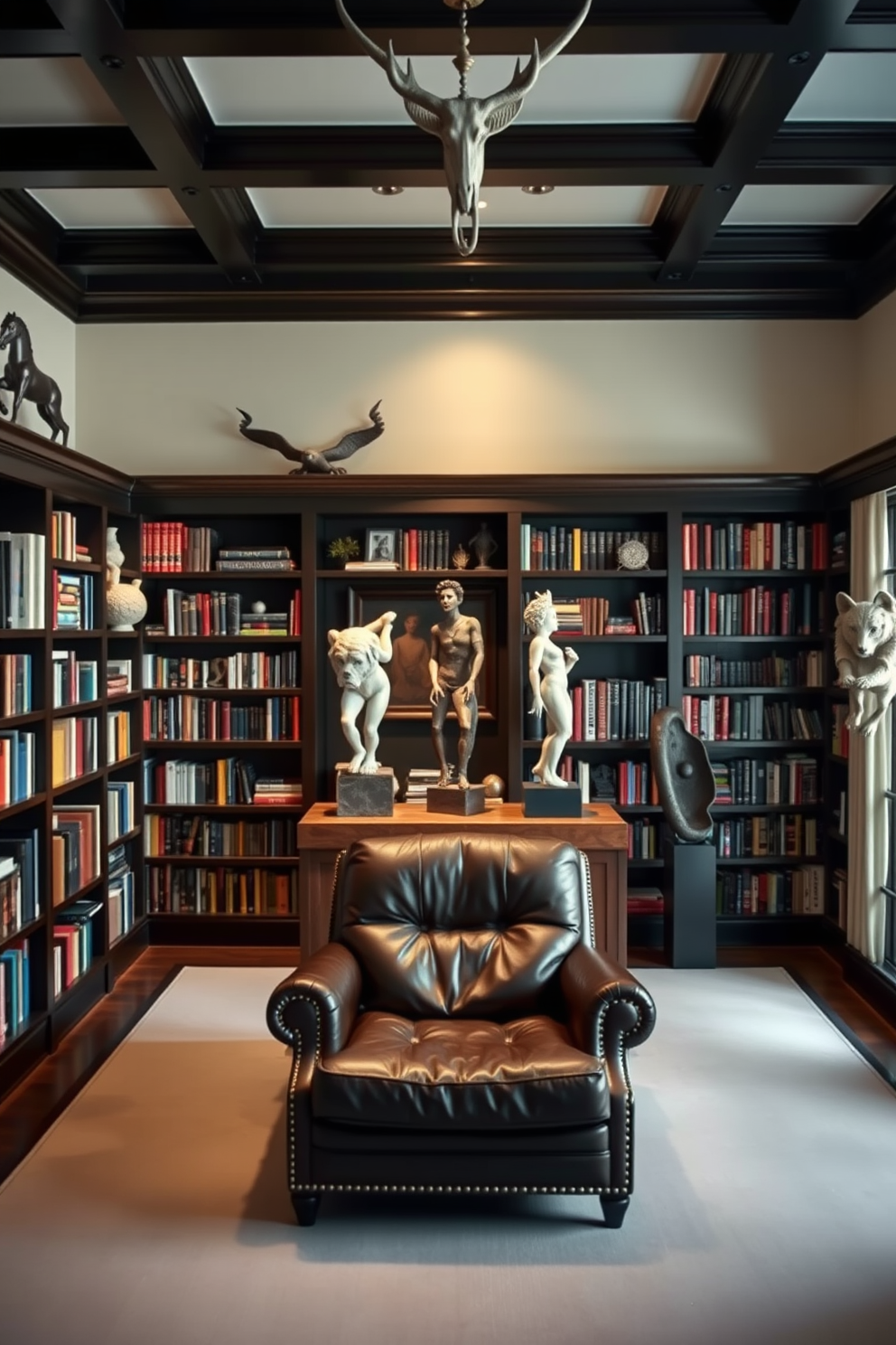 A striking home library featuring unique sculptures as decorative elements. The walls are lined with dark wooden bookshelves filled with an eclectic mix of books and art pieces. In the center of the room, a large, comfortable leather chair invites reading and relaxation. Soft, ambient lighting highlights the sculptures, creating a warm and inviting atmosphere.