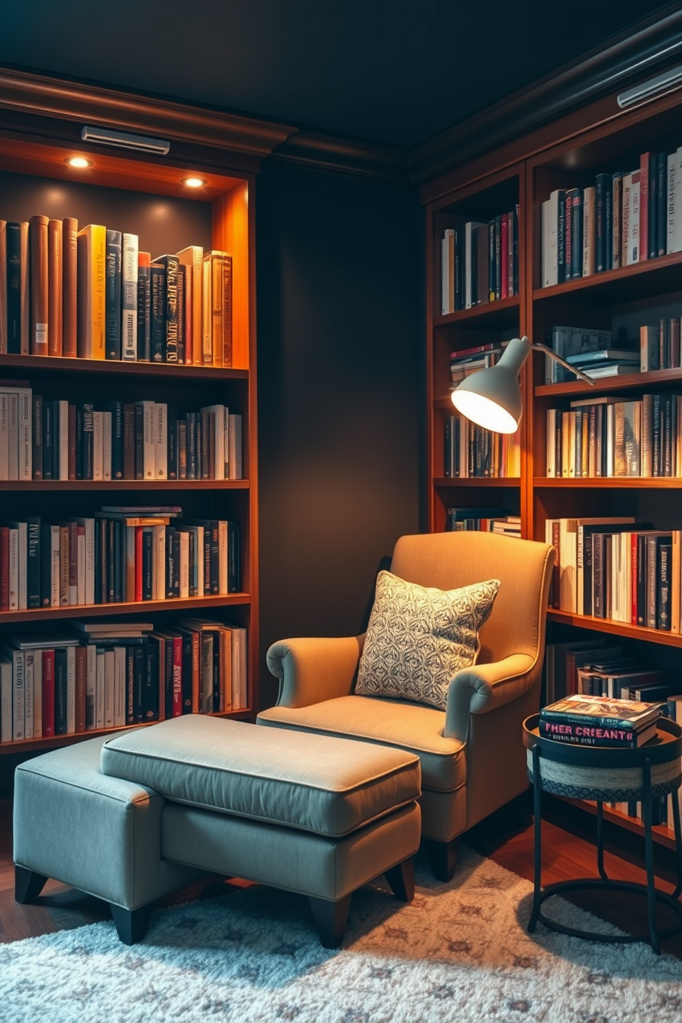 A cozy reading nook featuring a plush reading chair paired with a matching ottoman for ultimate comfort. The space is adorned with rich wooden bookshelves filled with an eclectic collection of books, creating an inviting atmosphere for literary exploration. The walls are painted in a deep navy blue, providing a dramatic backdrop that enhances the warm glow of strategically placed ambient lighting. A soft area rug underfoot adds texture, while a small side table holds a steaming cup of tea and a stack of current reads.