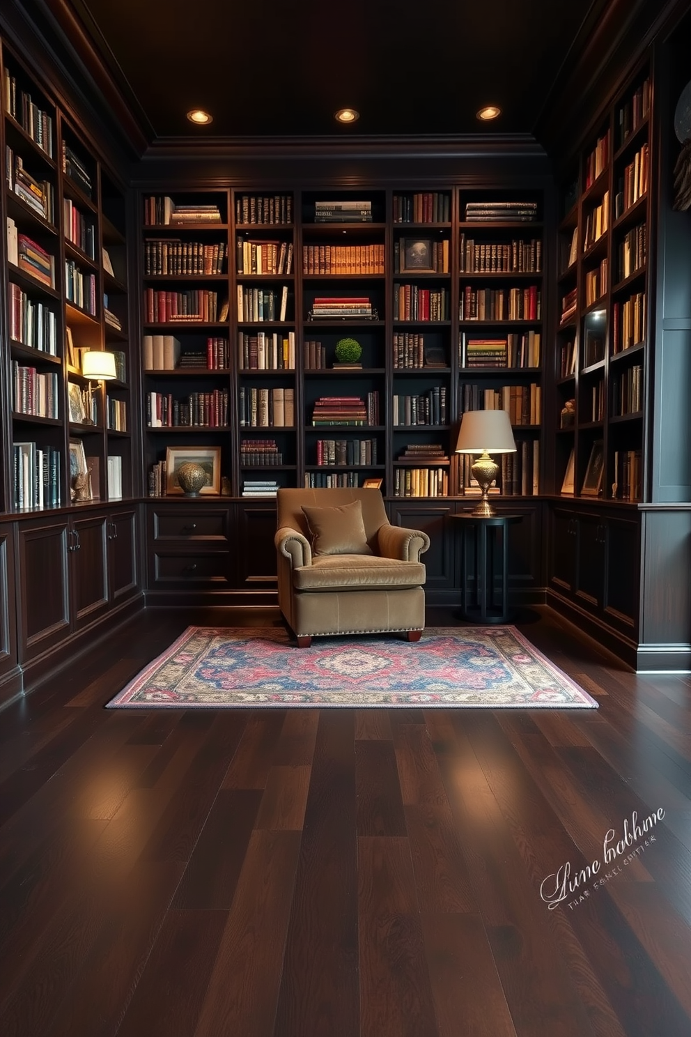 A cozy home library featuring dark wood flooring that exudes elegance. The walls are lined with floor-to-ceiling bookshelves filled with a curated collection of books and decorative items. A plush reading nook is created with a comfortable armchair upholstered in rich fabric. Soft ambient lighting from stylish sconces casts a warm glow, inviting relaxation and exploration of literary treasures.