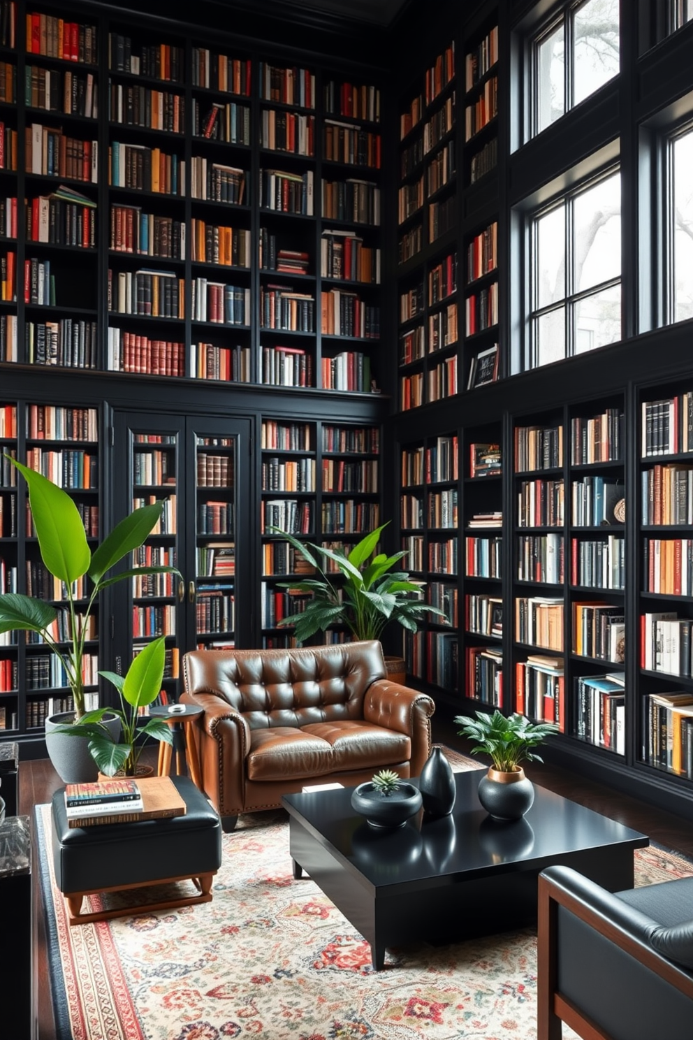 A cozy black home library with floor-to-ceiling bookshelves filled with an extensive collection of books. In the center, a plush leather armchair invites you to sit and read, while a sleek black coffee table holds a selection of decorative items and a small potted plant for a fresh touch. Large windows allow natural light to filter in, highlighting the rich textures of the dark wood furniture. A few strategically placed green plants add life to the space, creating a serene and inviting atmosphere perfect for relaxation and study.