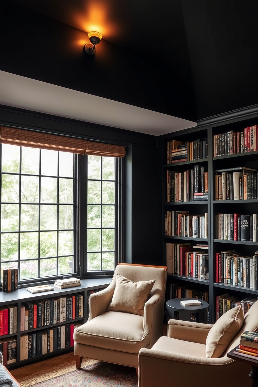 A cozy home library with wall-mounted lighting that creates a warm ambiance. The shelves are filled with an extensive collection of books, and a comfortable reading nook is positioned by a large window. The walls are painted in a deep charcoal color, enhancing the richness of the space. A plush armchair and a small side table provide the perfect spot for enjoying a quiet moment with a good book.