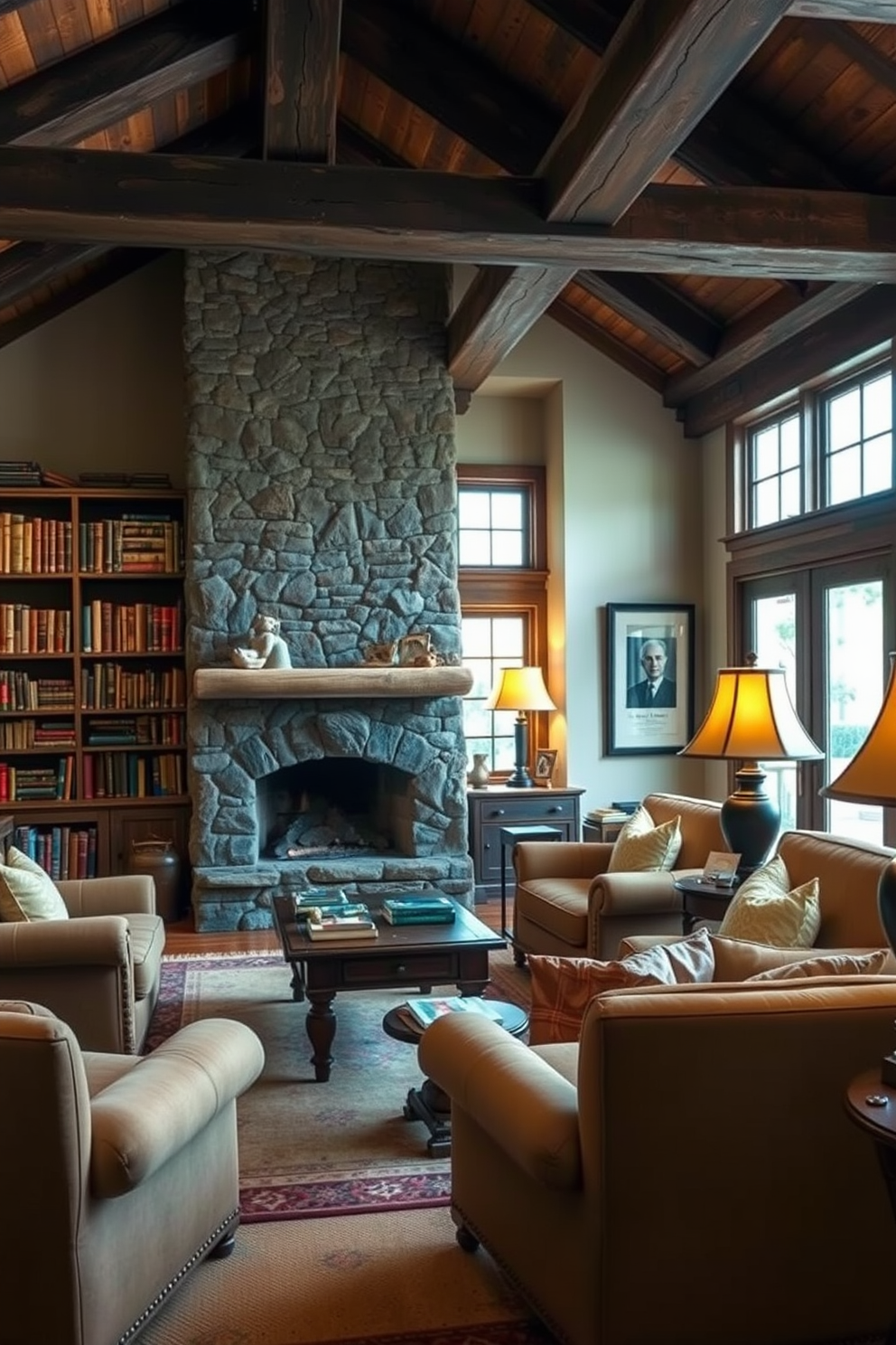 A cozy home library featuring rustic elements. The space includes exposed wooden beams, a large stone fireplace, and shelves filled with books made of reclaimed wood. Comfortable seating is arranged around a vintage coffee table, with plush armchairs upholstered in earth tones. Soft, warm lighting from antique-style lamps creates an inviting atmosphere for reading and relaxation.